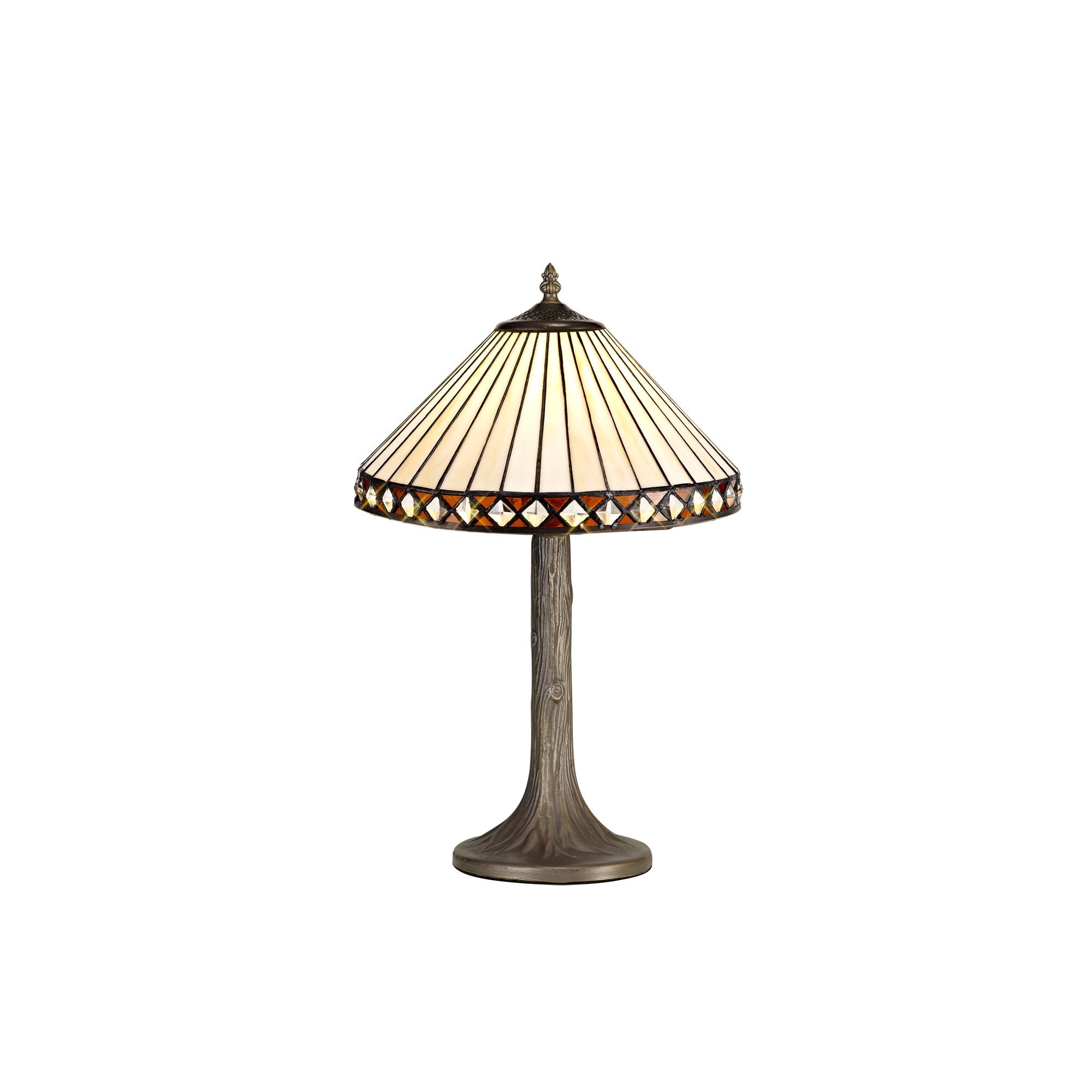 1 Light Tree Like Table Lamp E27 With 30cm Tiffany Shade, Amber/Cream/Crystal/Aged Antique Brass