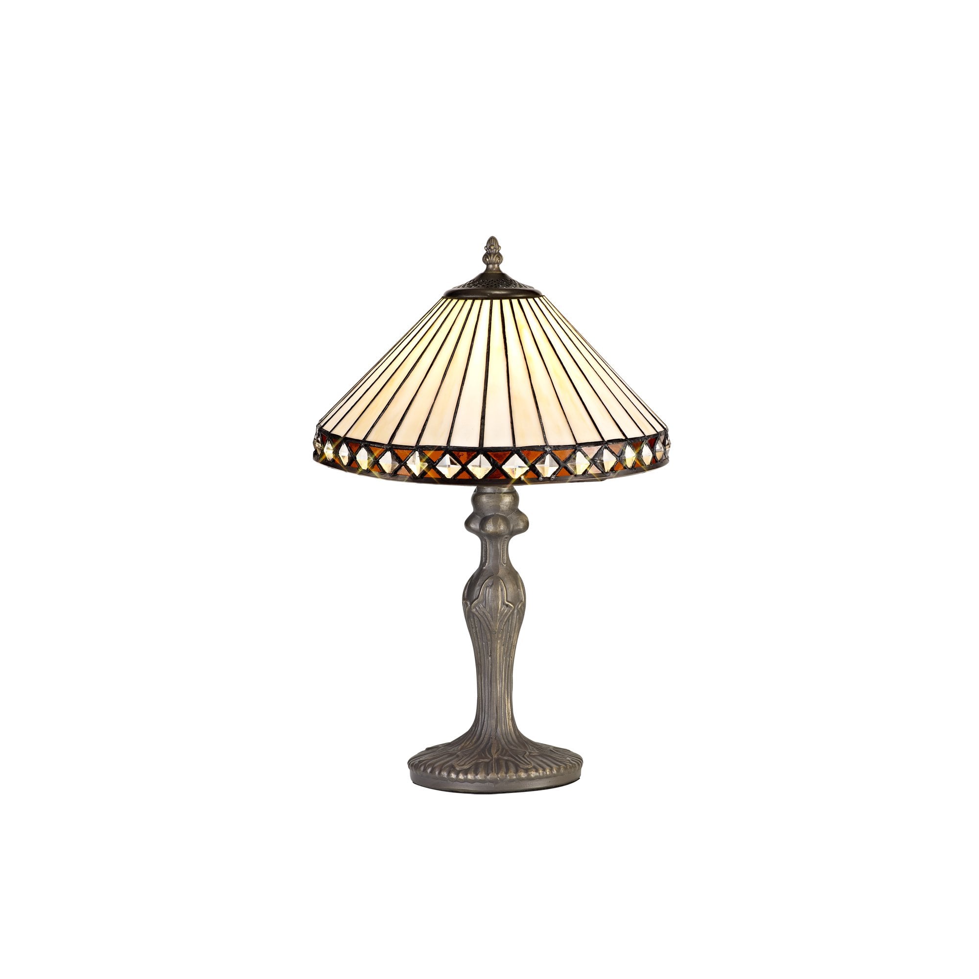 1 Light Curved Table Lamp E27 With 30cm Tiffany Shade, Amber/Cream/Crystal/Aged Antique Brass