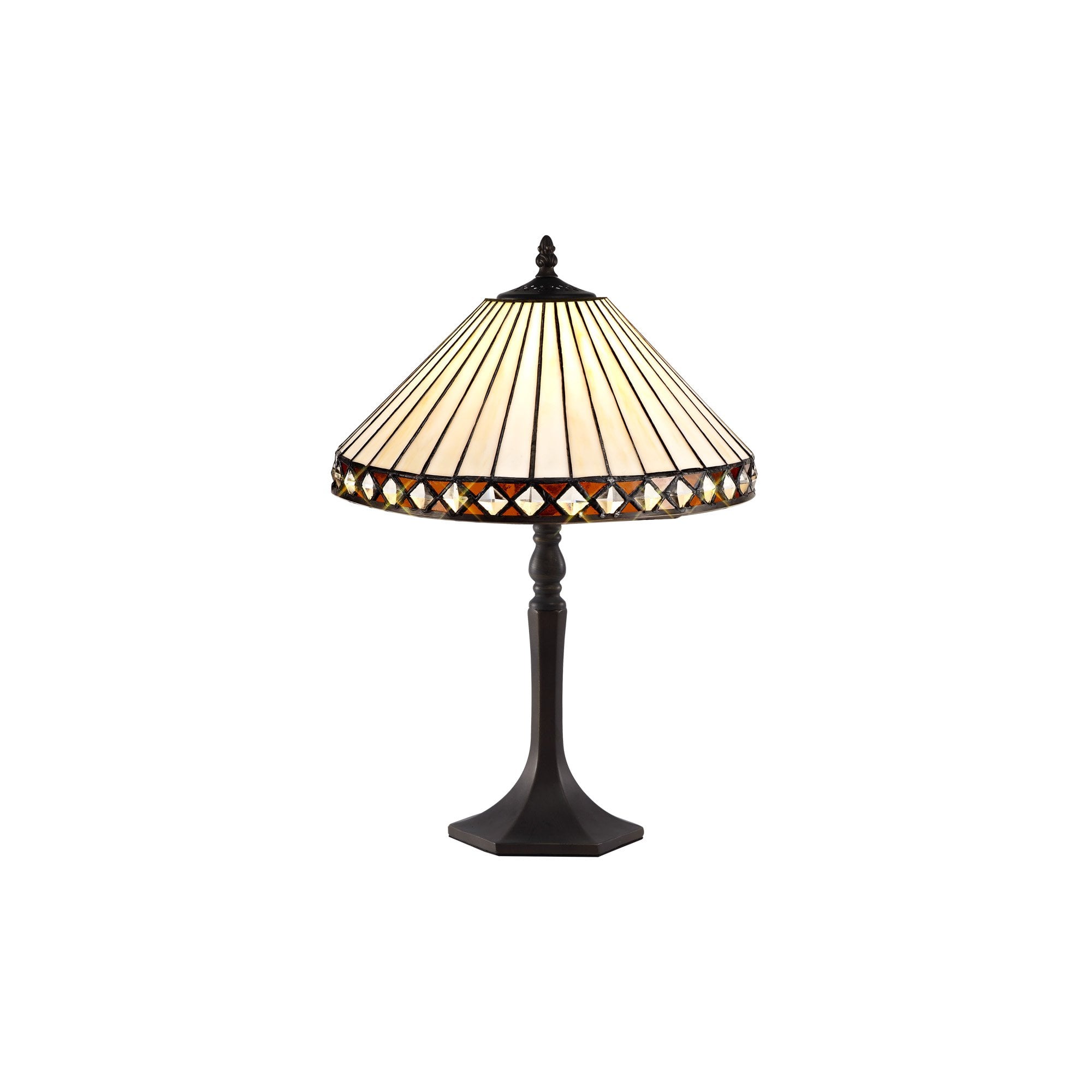 1 Light Octagonal Table Lamp E27 With 30cm Tiffany Shade, Amber/Cream/Crystal/Aged Antique Brass