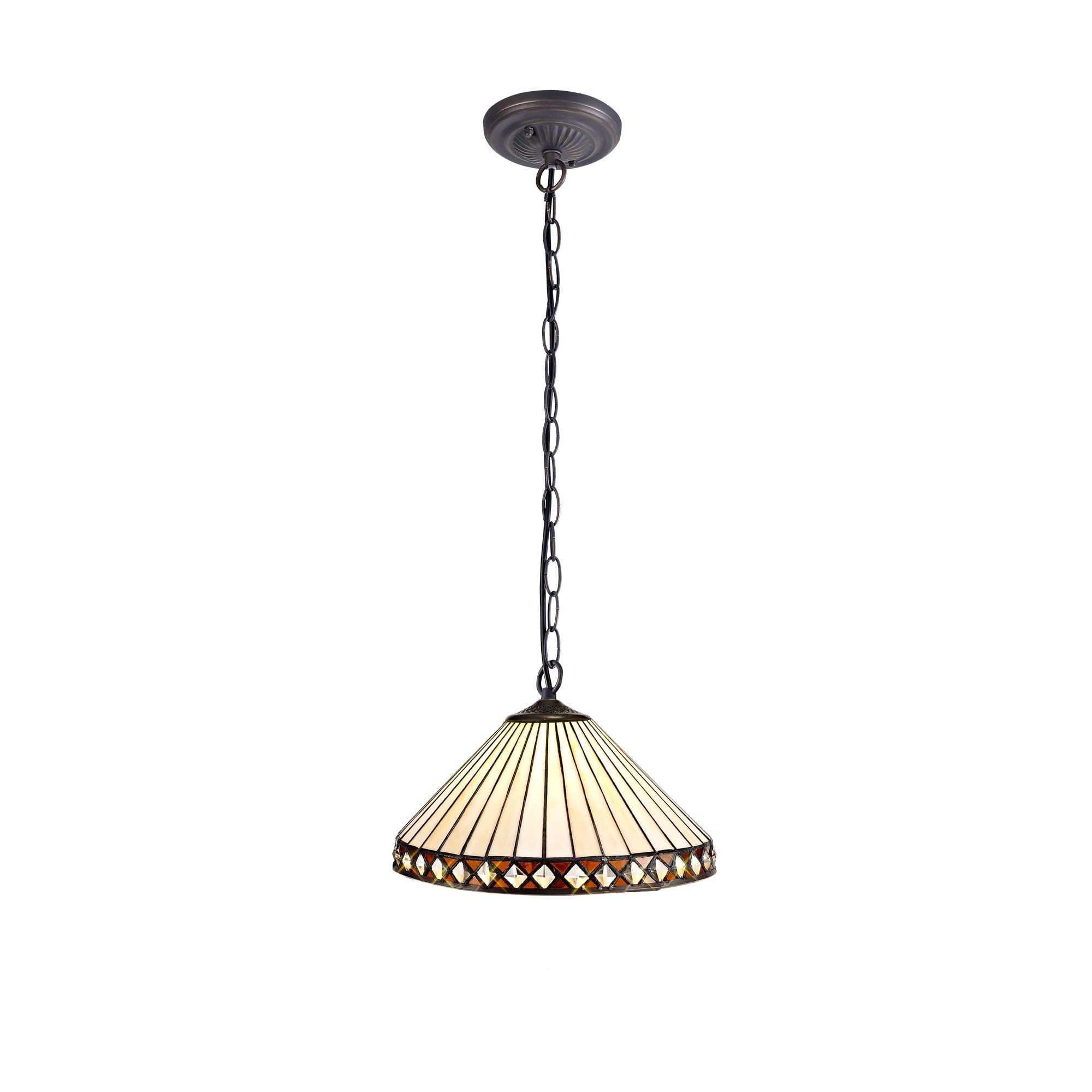 1 Light Downlighter Pendant E27 With 30cm Tiffany Shade, Amber/Cream/Crystal/Aged Antique Brass