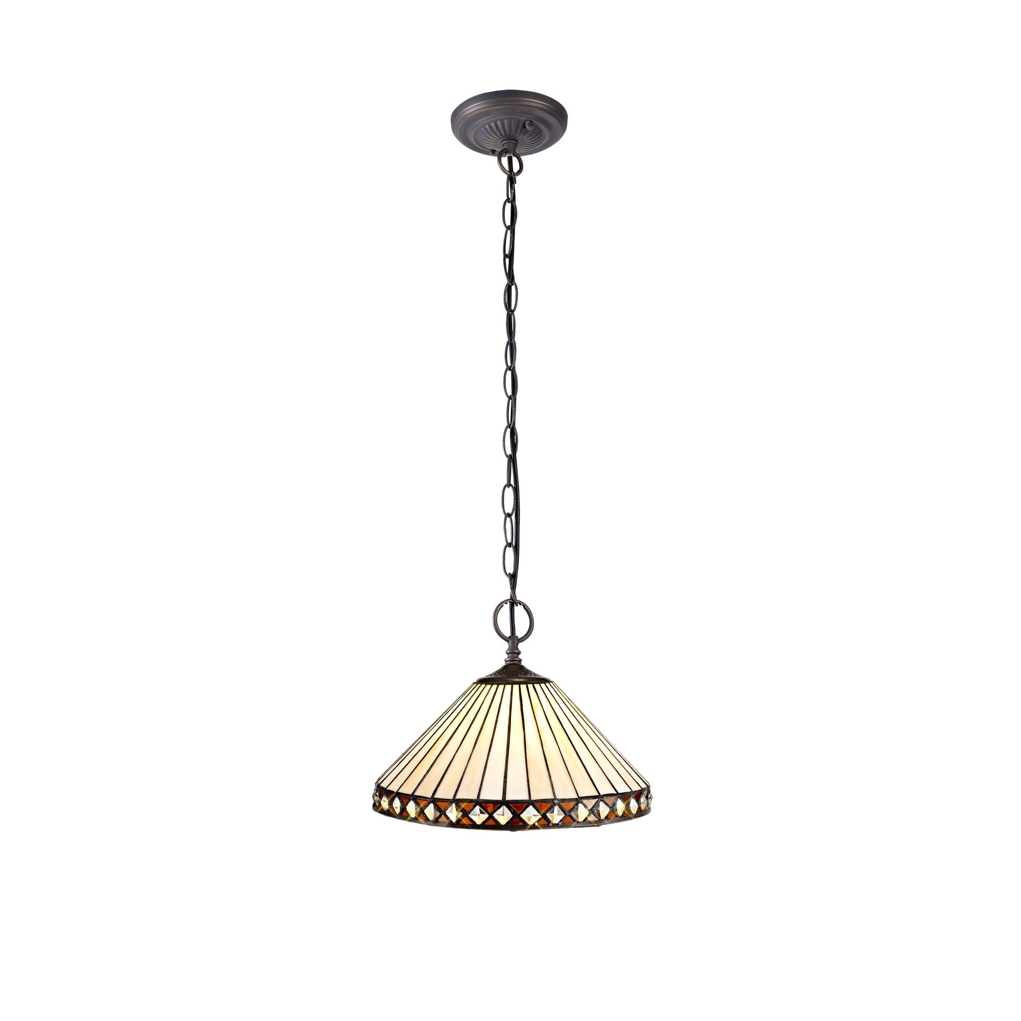 2 Light Downlighter Pendant E27 With 30cm Tiffany Shade, Amber/Cream/Crystal/Aged Antique Brass