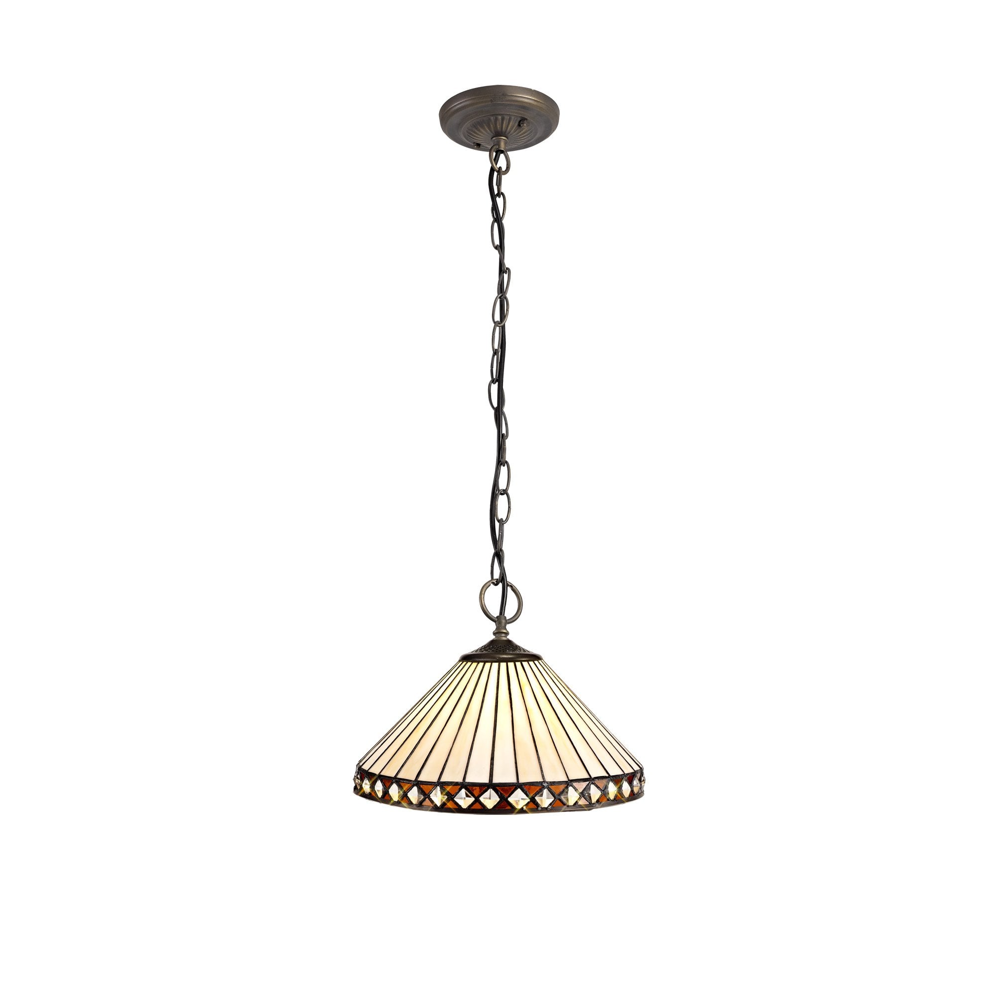 3 Light Downlighter Pendant E27 With 30cm Tiffany Shade, Amber/Cream/Crystal/Aged Antique Brass