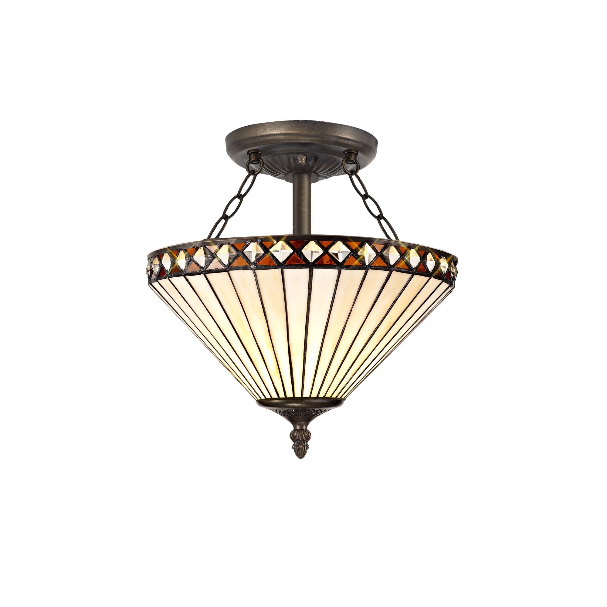 2 Light Semi Ceiling E27 With 30cm Tiffany Shade, Amber/Cream/Crystal/Aged Antique Brass