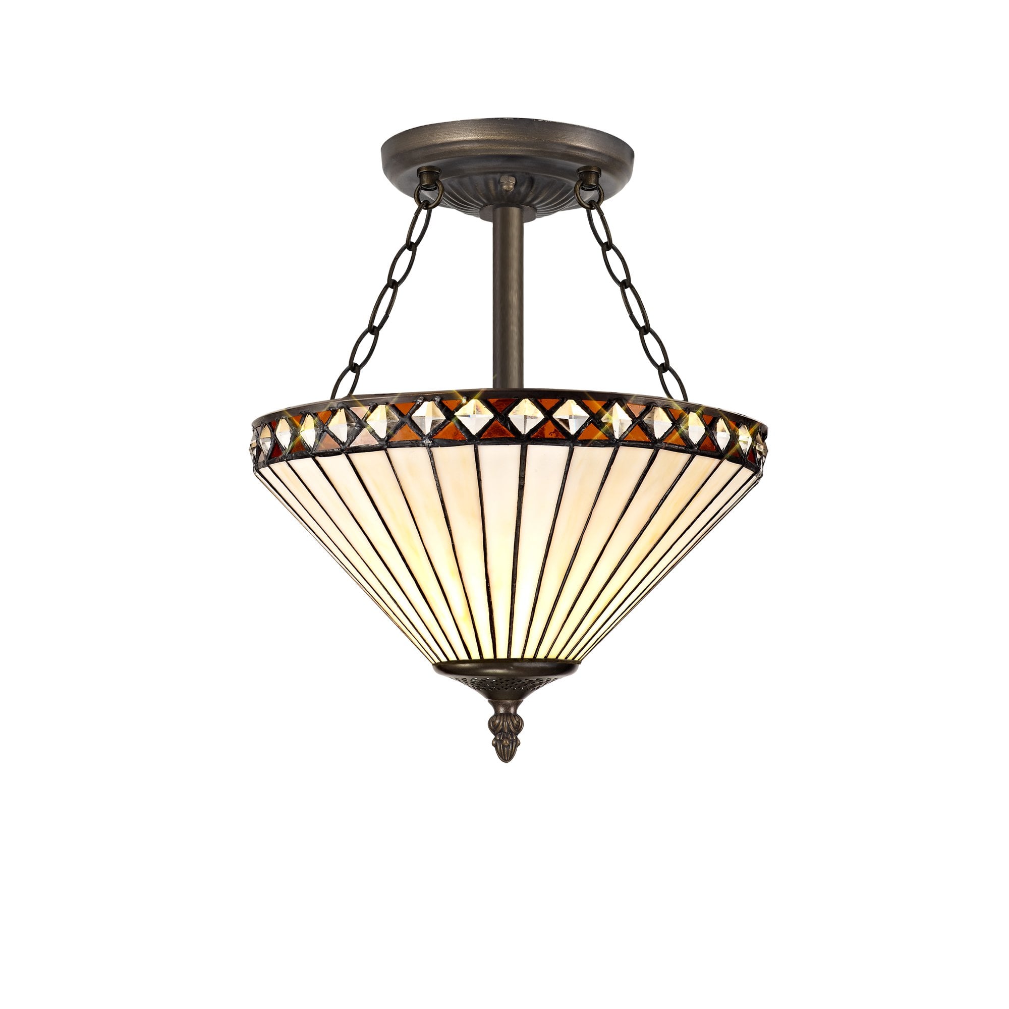 3 Light Semi Ceiling E27 With 30cm Tiffany Shade, Amber/Cream/Crystal/Aged Antique Brass