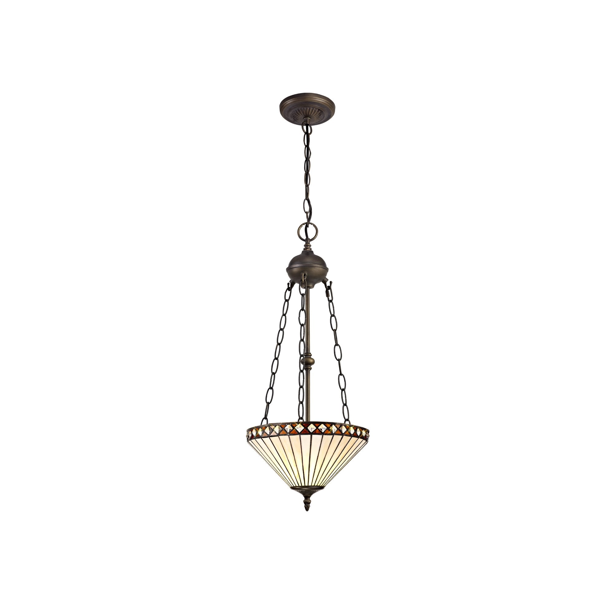 2 Light Uplighter Pendant E27 With 30cm Tiffany Shade, Amber/Cream/Crystal/Aged Antique Brass