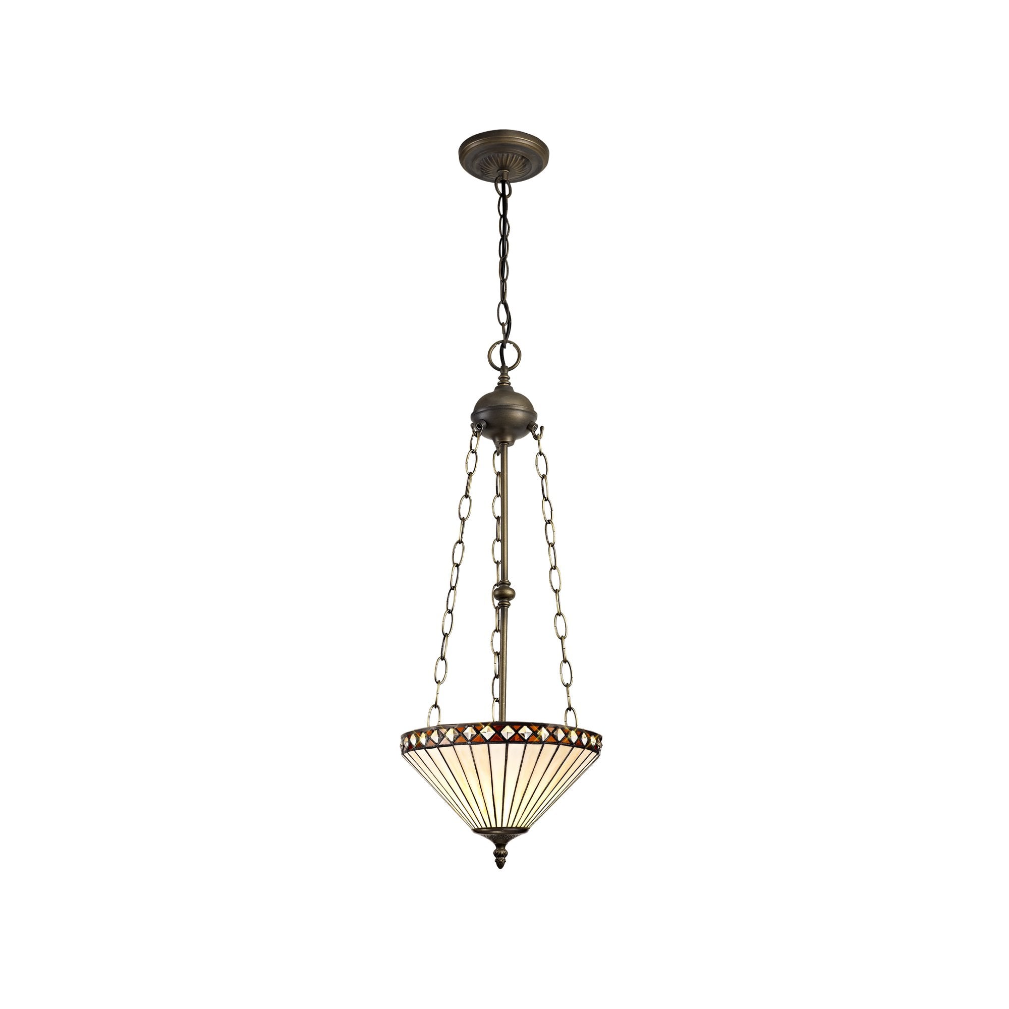 3 Light Uplighter Pendant E27 With 30cm Tiffany Shade, Amber/Cream/Crystal/Aged Antique Brass