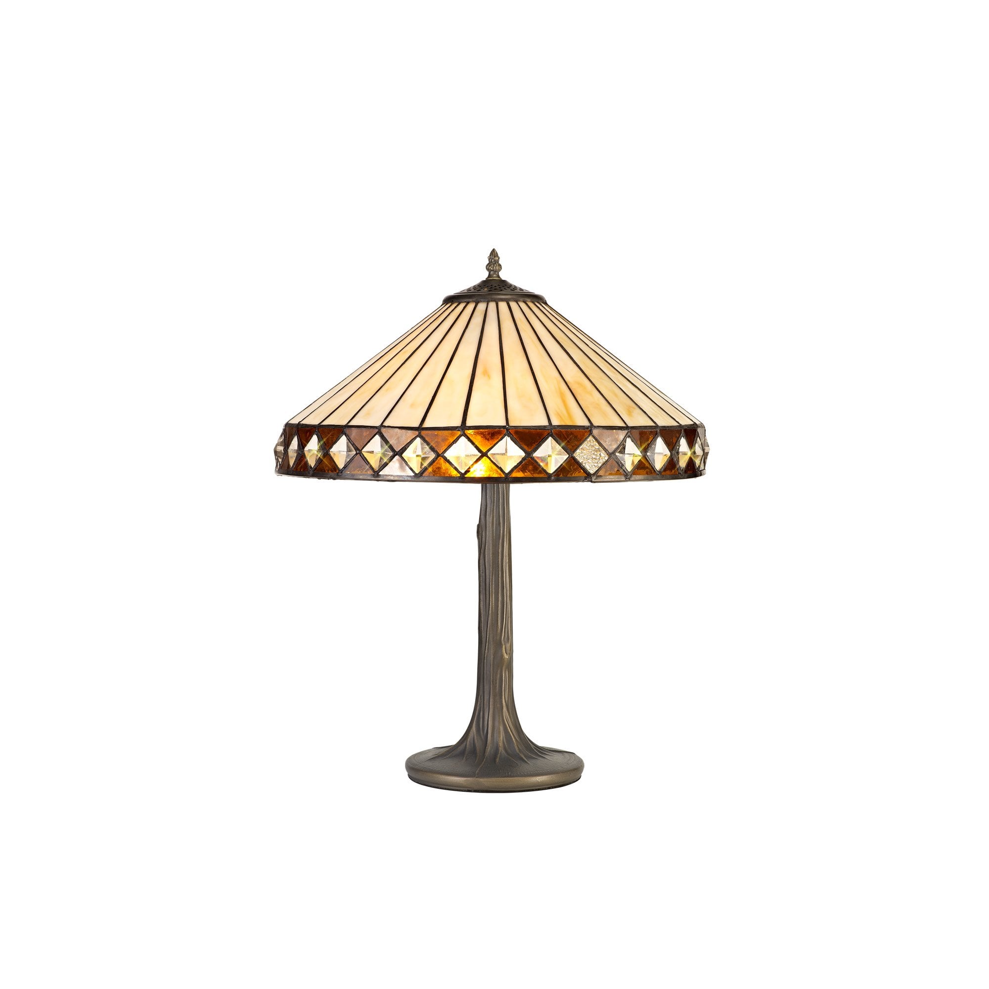 2 Light Tree Like Table Lamp E27 With 40cm Tiffany Shade, Amber/Cream/Crystal/Aged Antique Brass