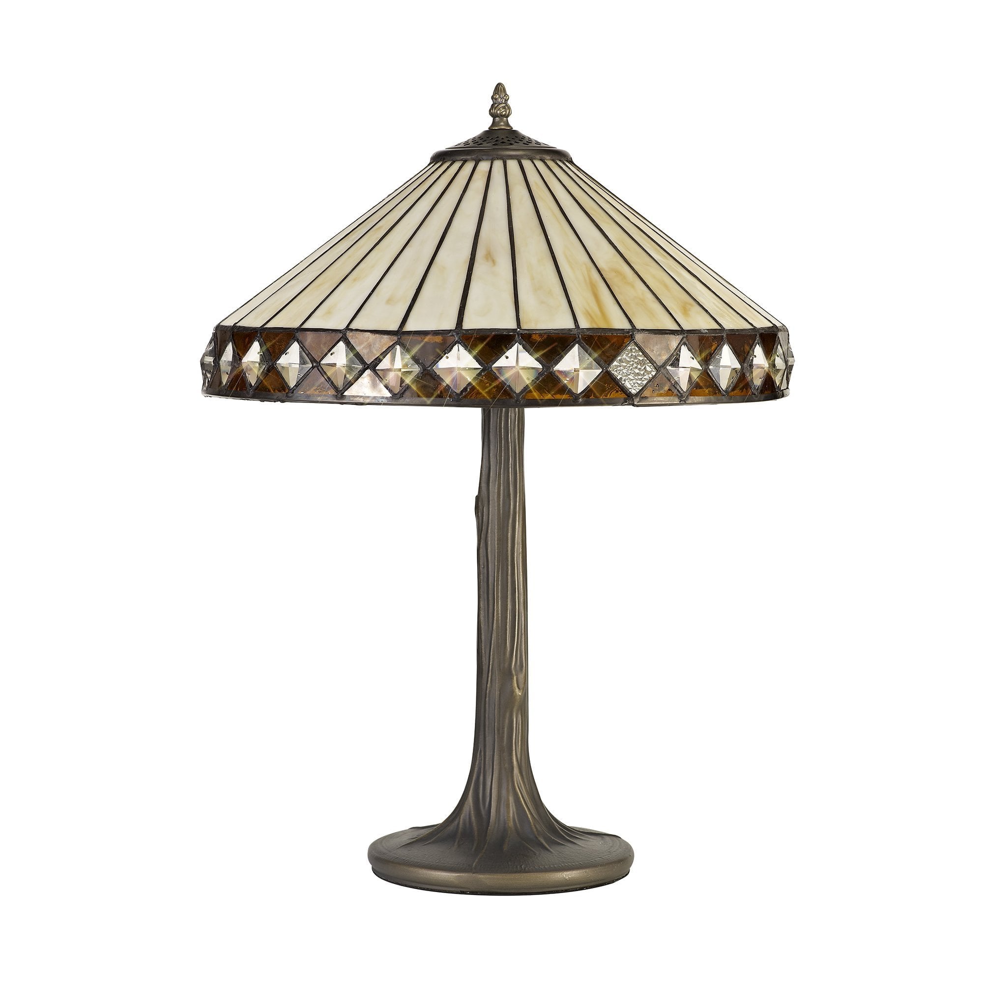 2 Light Tree Like Table Lamp E27 With 40cm Tiffany Shade, Amber/Cream/Crystal/Aged Antique Brass