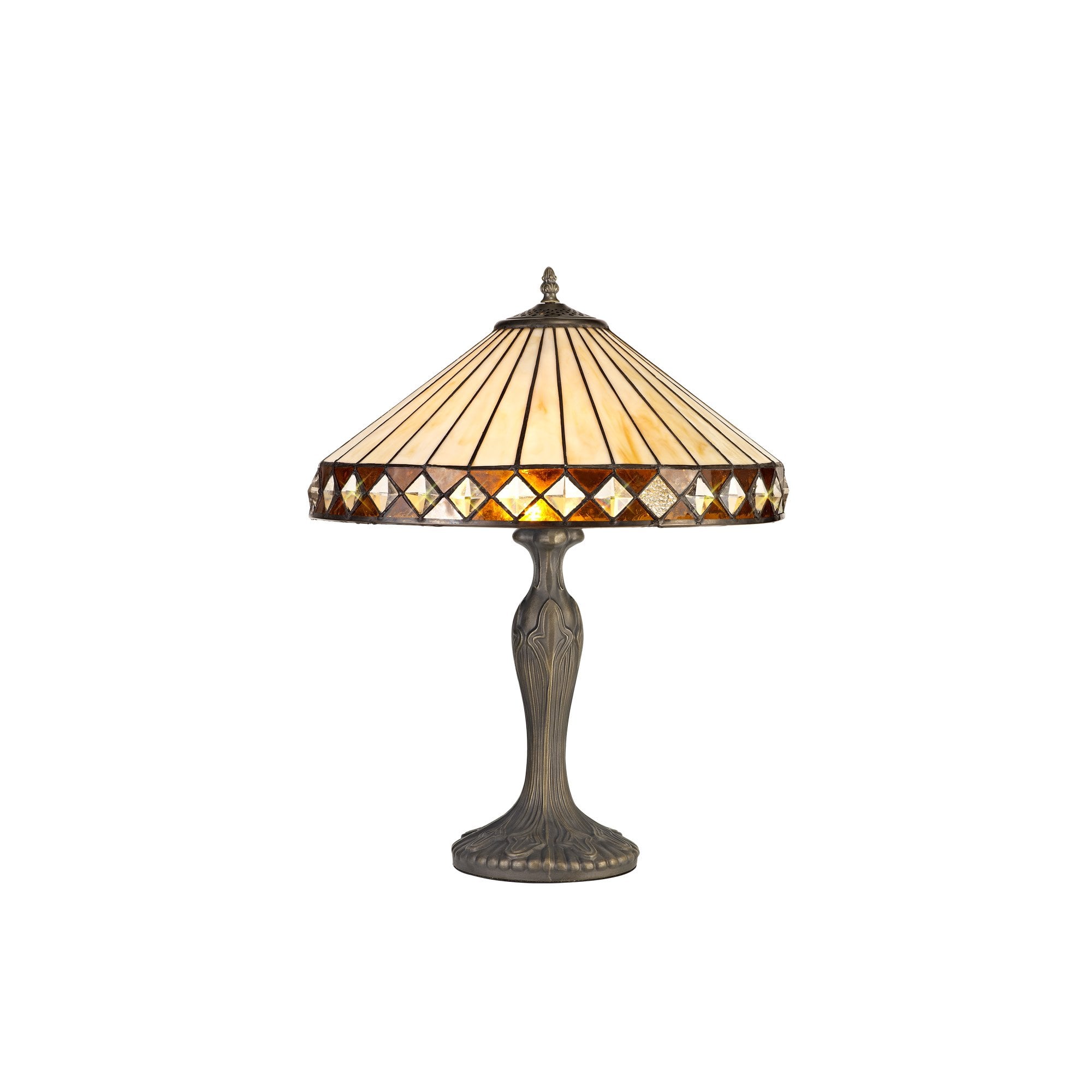 2 Light Curved Table Lamp E27 With 40cm Tiffany Shade, Amber/Cream/Crystal/Aged Antique Brass