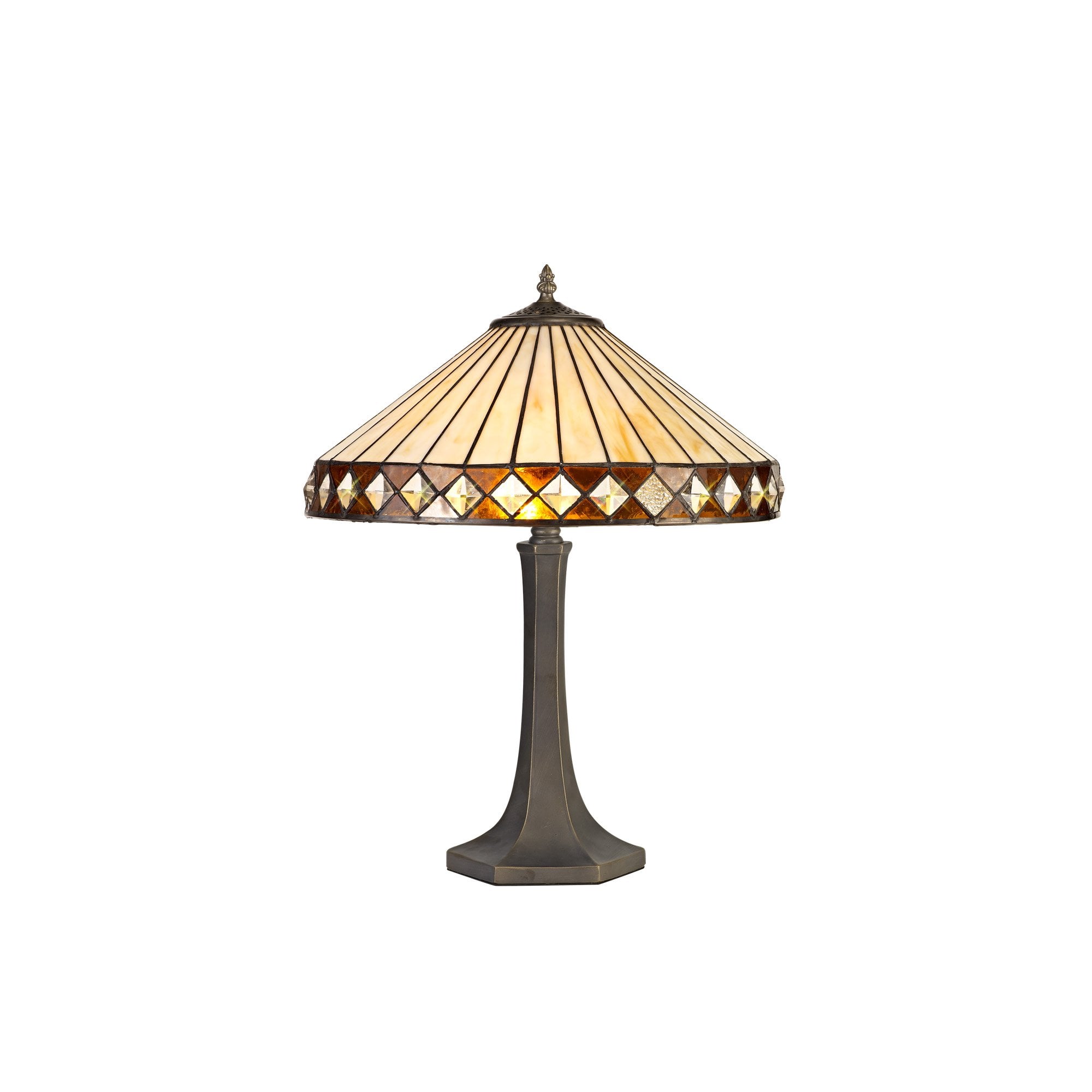 2 Light Octagonal Table Lamp E27 With 40cm Tiffany Shade, Amber/Cream/Crystal/Aged Antique Brass