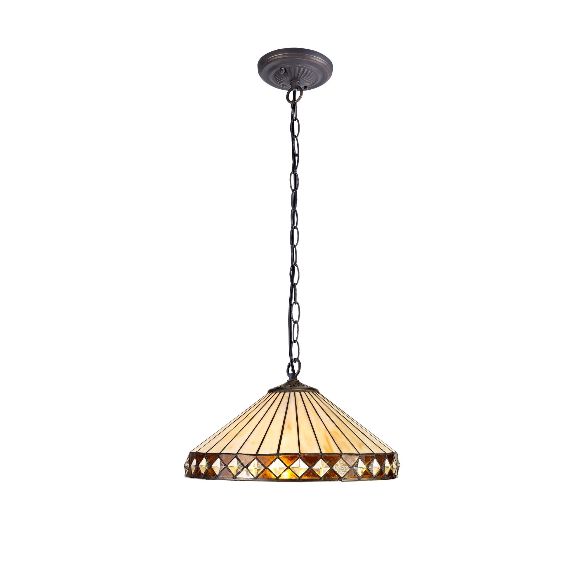 1 Light Downlighter Pendant E27 With 40cm Tiffany Shade, Amber/Cream/Crystal/Aged Antique Brass