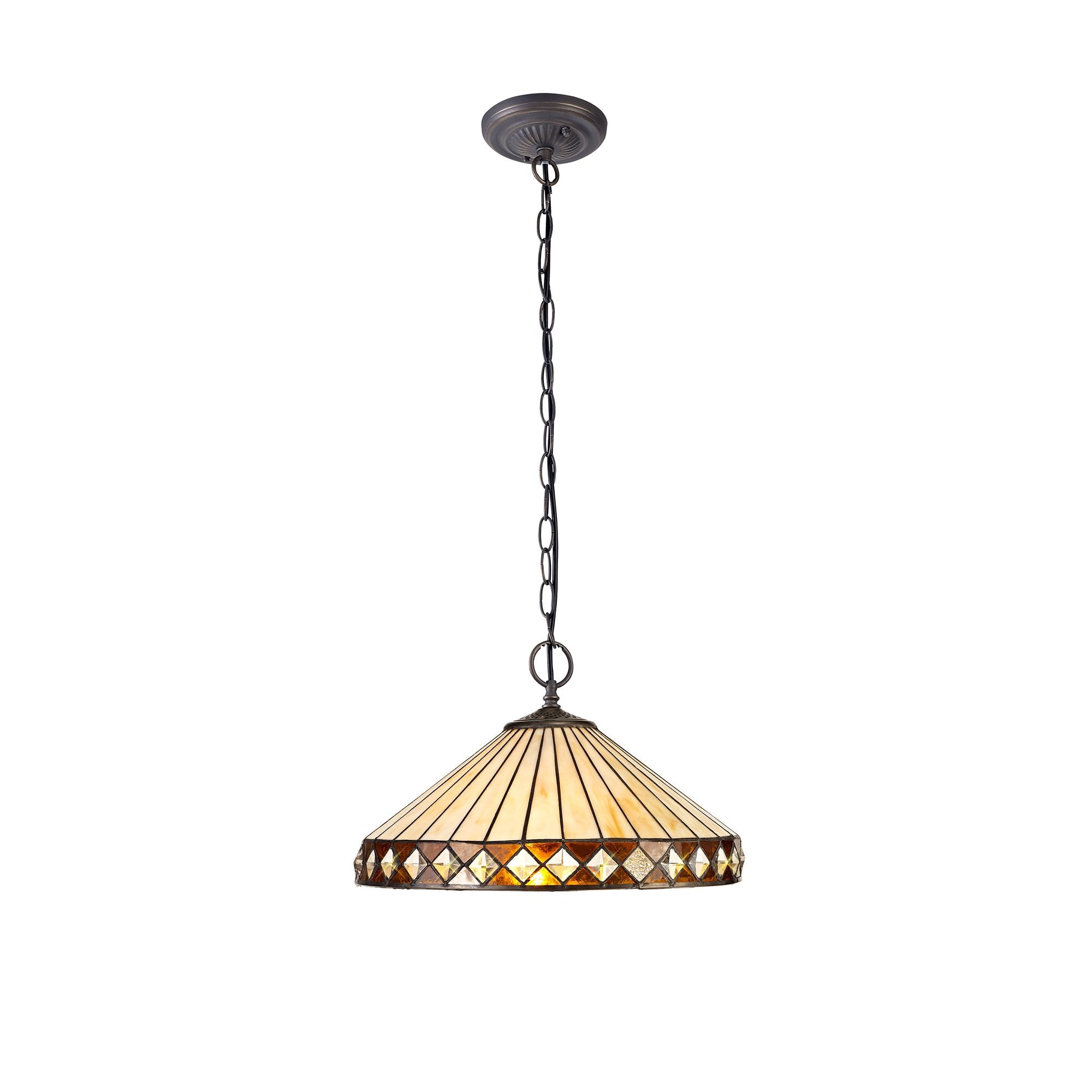 2 Light Downlighter Pendant E27 With 40cm Tiffany Shade, Amber/Cream/Crystal/Aged Antique Brass