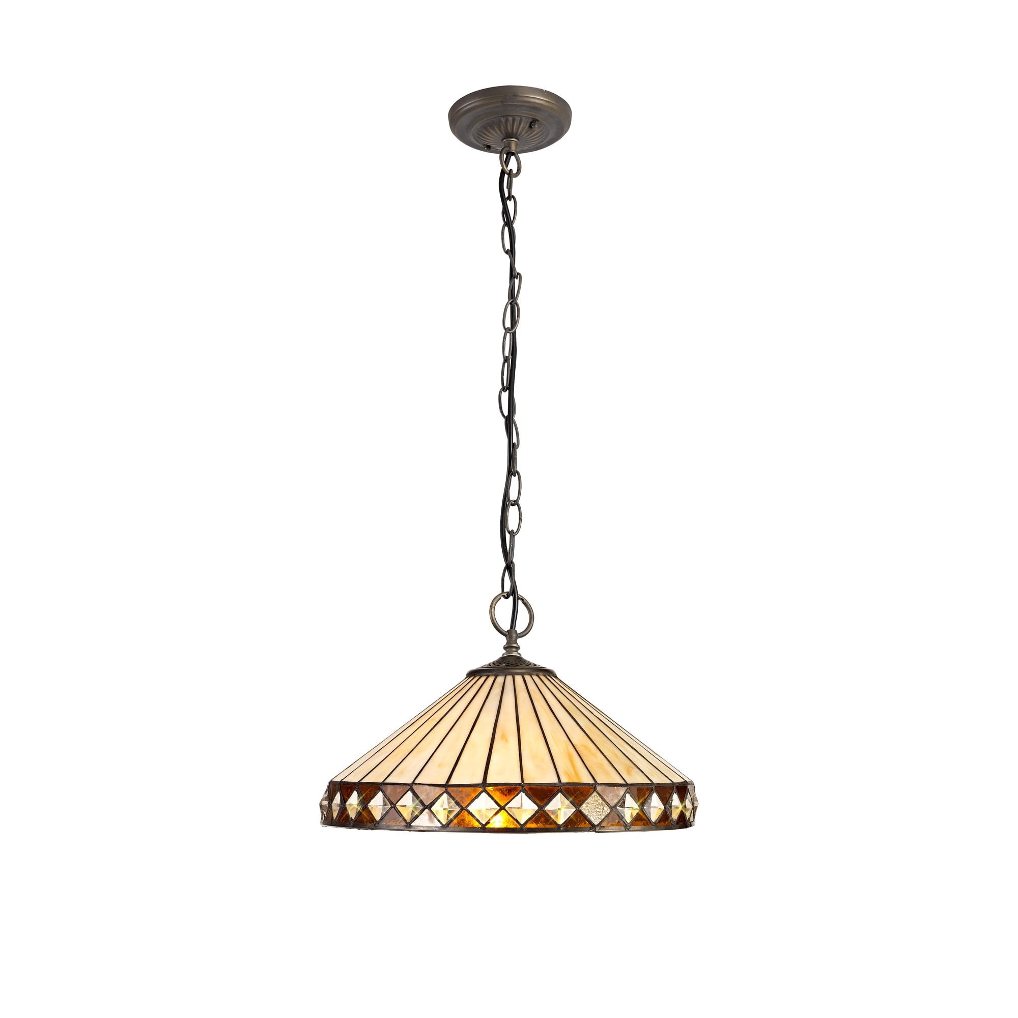 3 Light Downlighter Pendant E27 With 40cm Tiffany Shade, Amber/Cream/Crystal/Aged Antique Brass