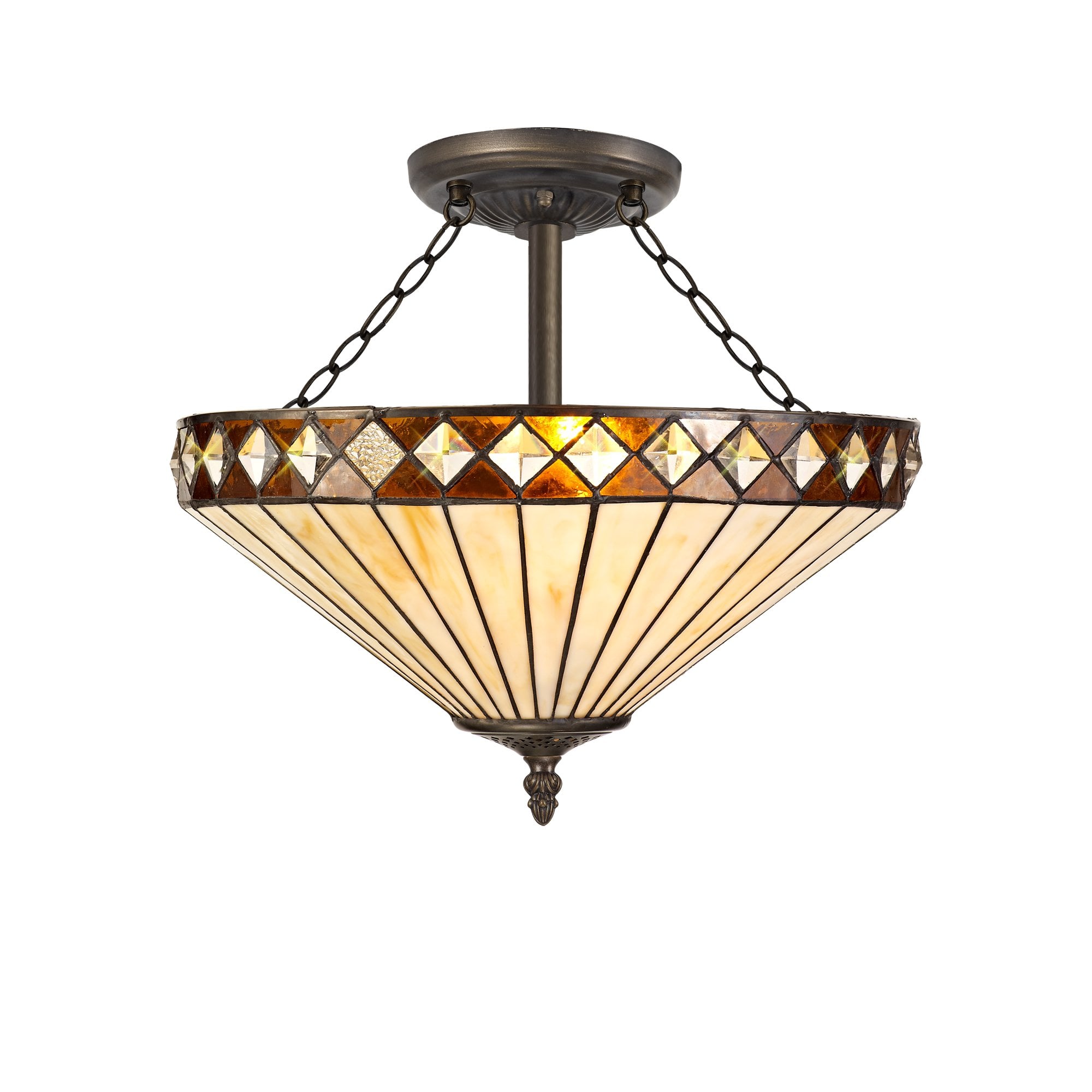 3 Light Semi Ceiling E27 With 40cm Tiffany Shade, Amber/Cream/Crystal/Aged Antique Brass