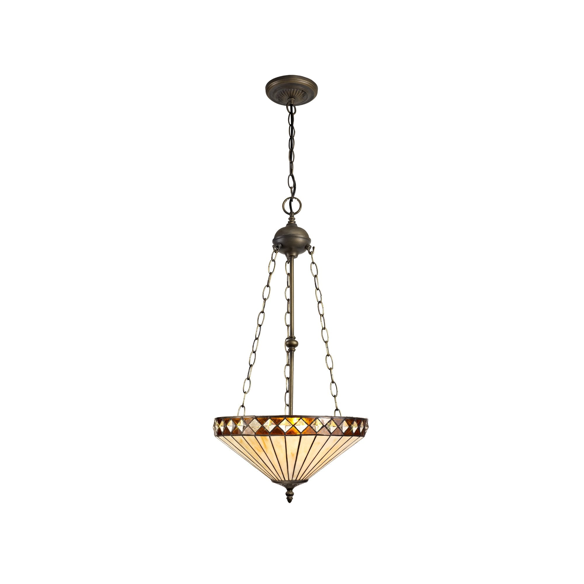 3 Light Uplighter Pendant E27 With 40cm Tiffany Shade, Amber/Cream/Crystal/Aged Antique Brass