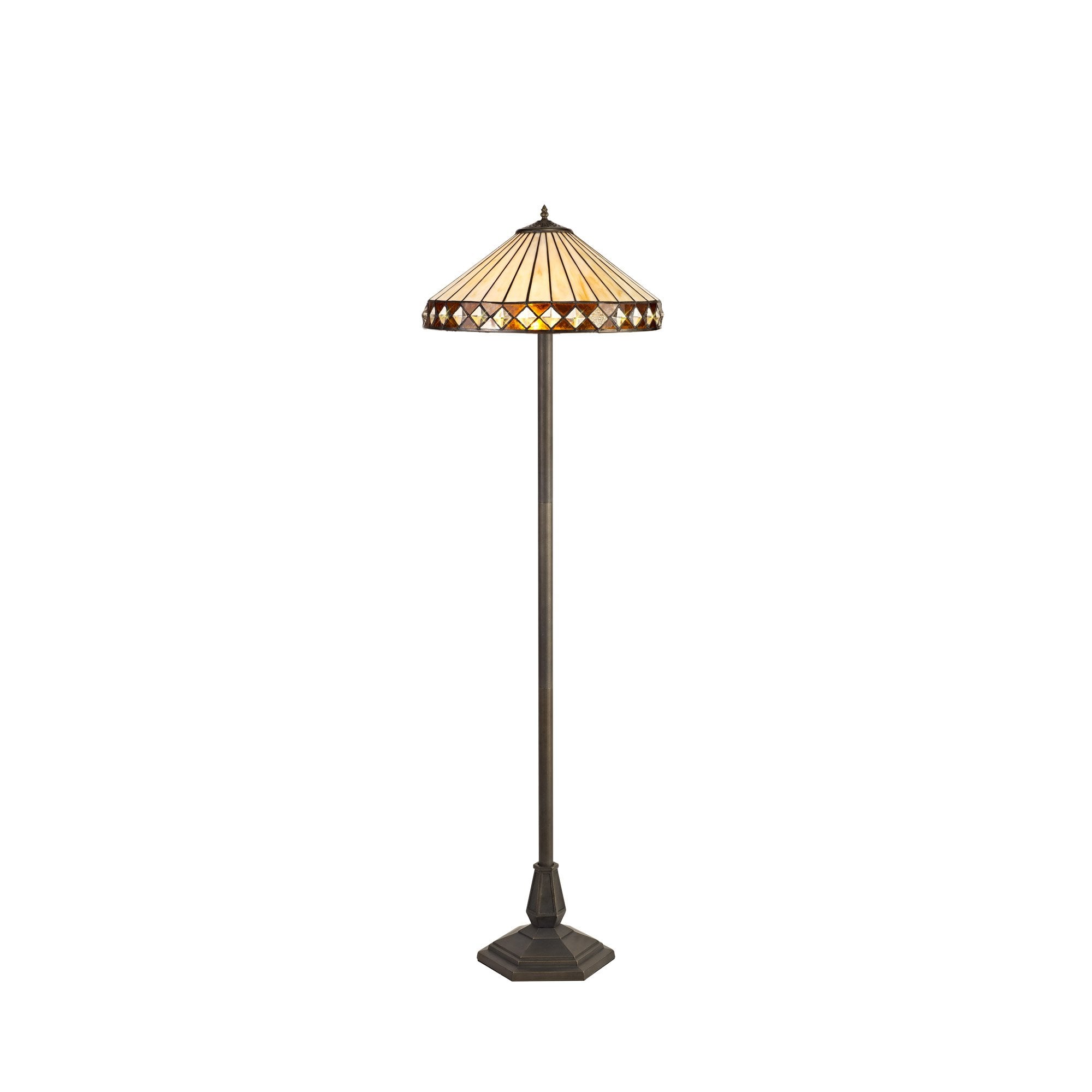 2 Light Octagonal Floor Lamp E27 With 40cm Tiffany Shade, Amber/Cream/Crystal/Aged Antique Brass