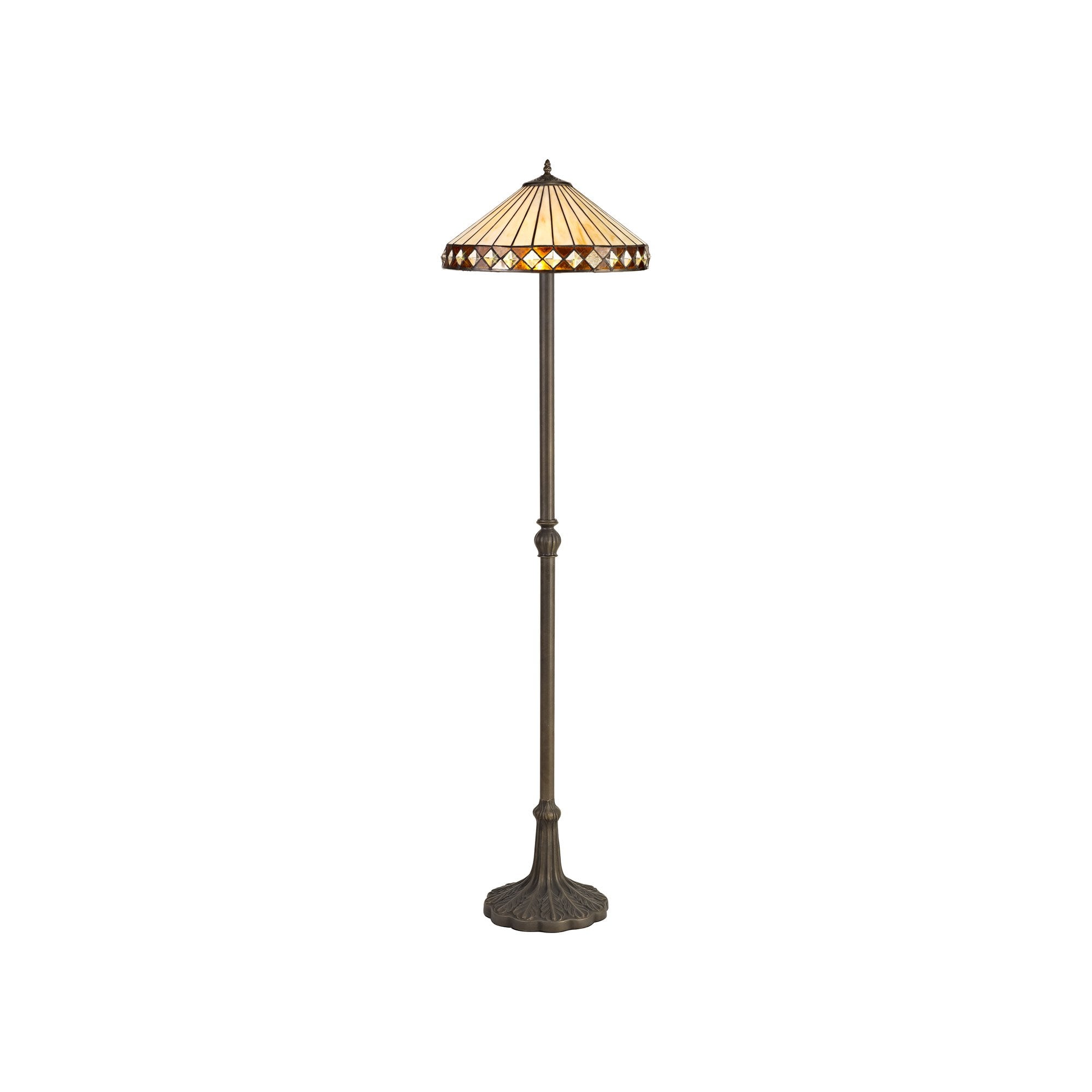 2 Light Leaf Design Floor Lamp E27 With 40cm Tiffany Shade, Amber/Cream/Crystal/Aged Antique Brass