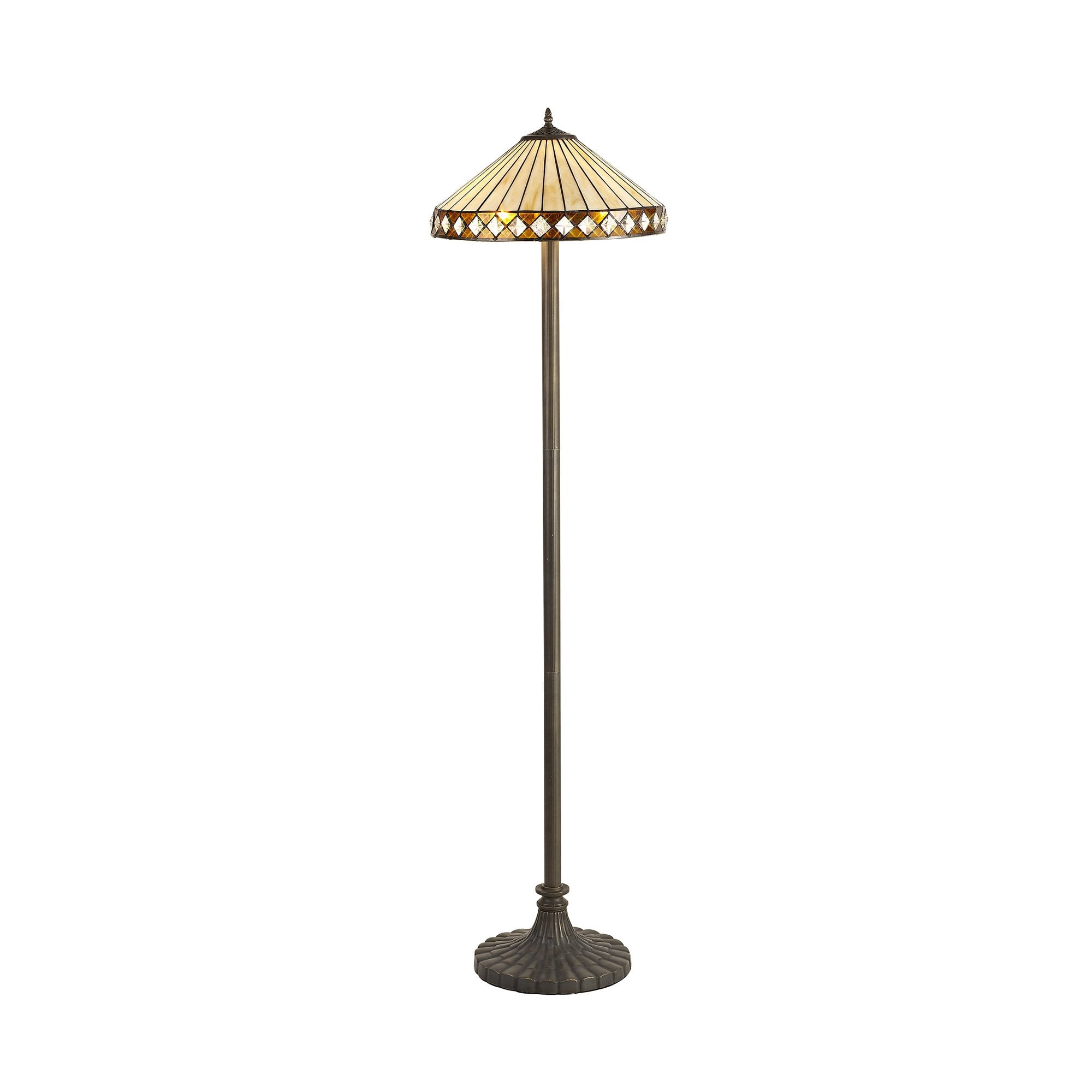 2 Light Stepped Design Floor Lamp E27 With 40cm Tiffany Shade, Amber/Cream/Crystal/Aged Antique Brass