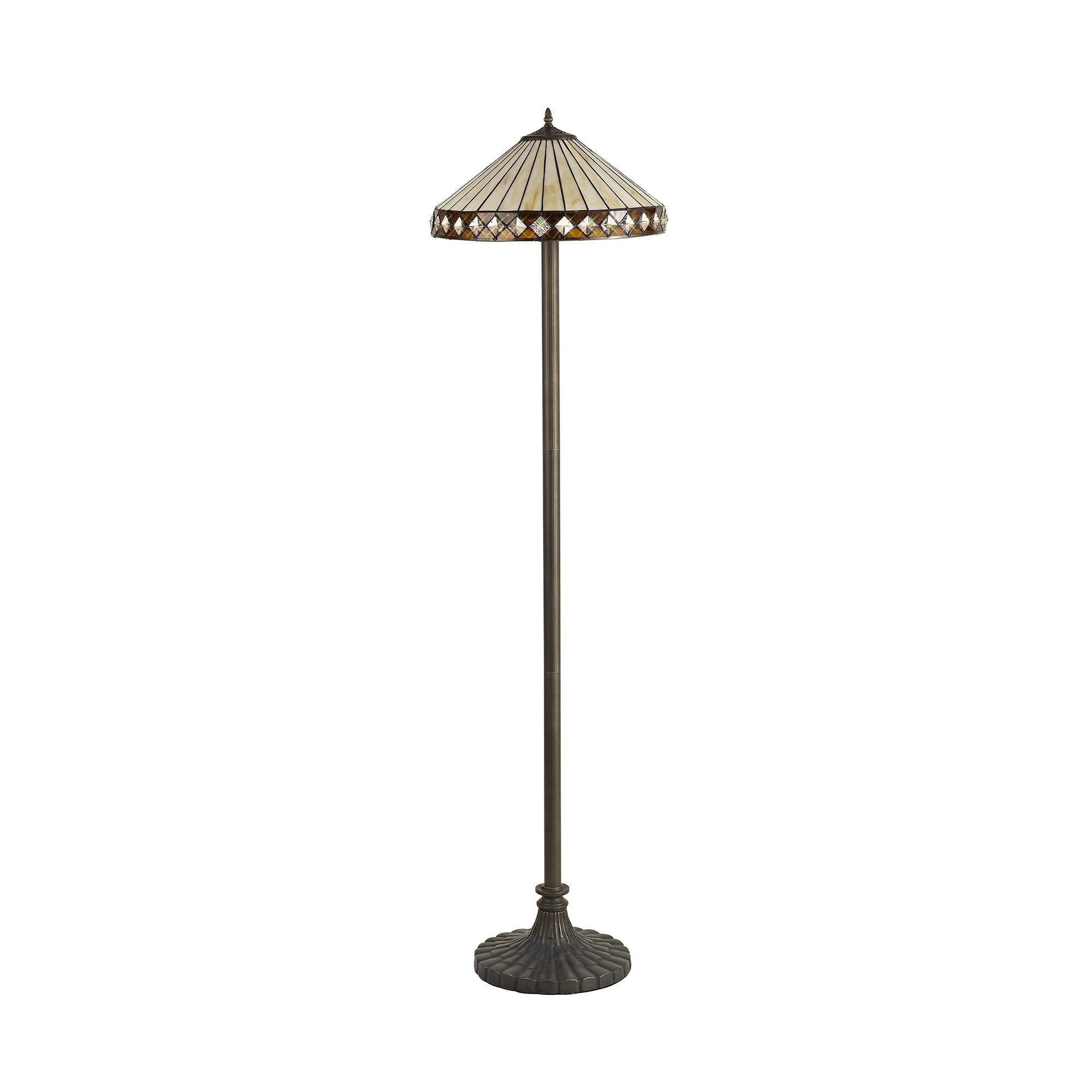 2 Light Stepped Design Floor Lamp E27 With 40cm Tiffany Shade, Amber/Cream/Crystal/Aged Antique Brass