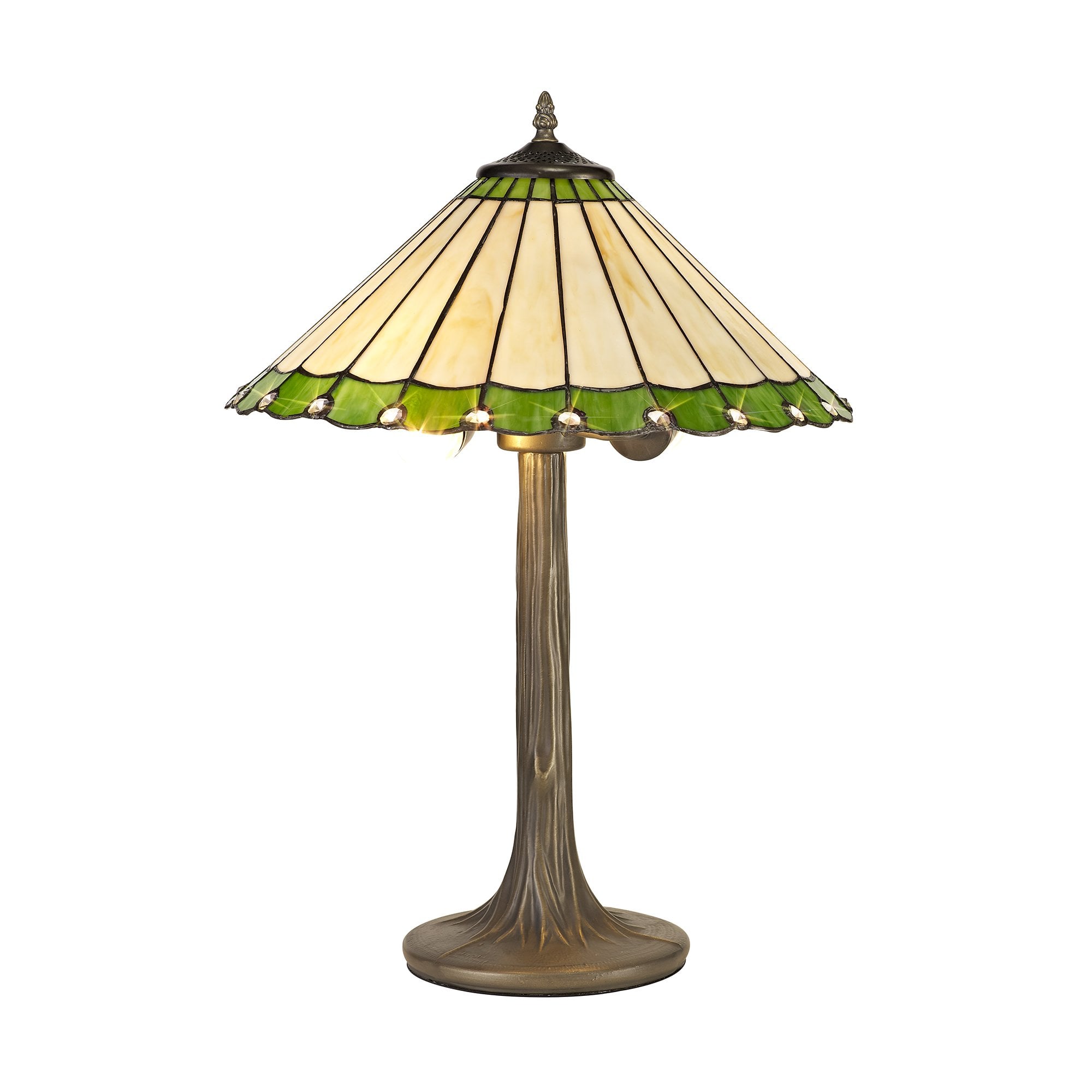 2 Light Tree Like Table Lamp E27 With 40cm Tiffany Shade, Green/Cream/Crystal/Aged Antique Brass