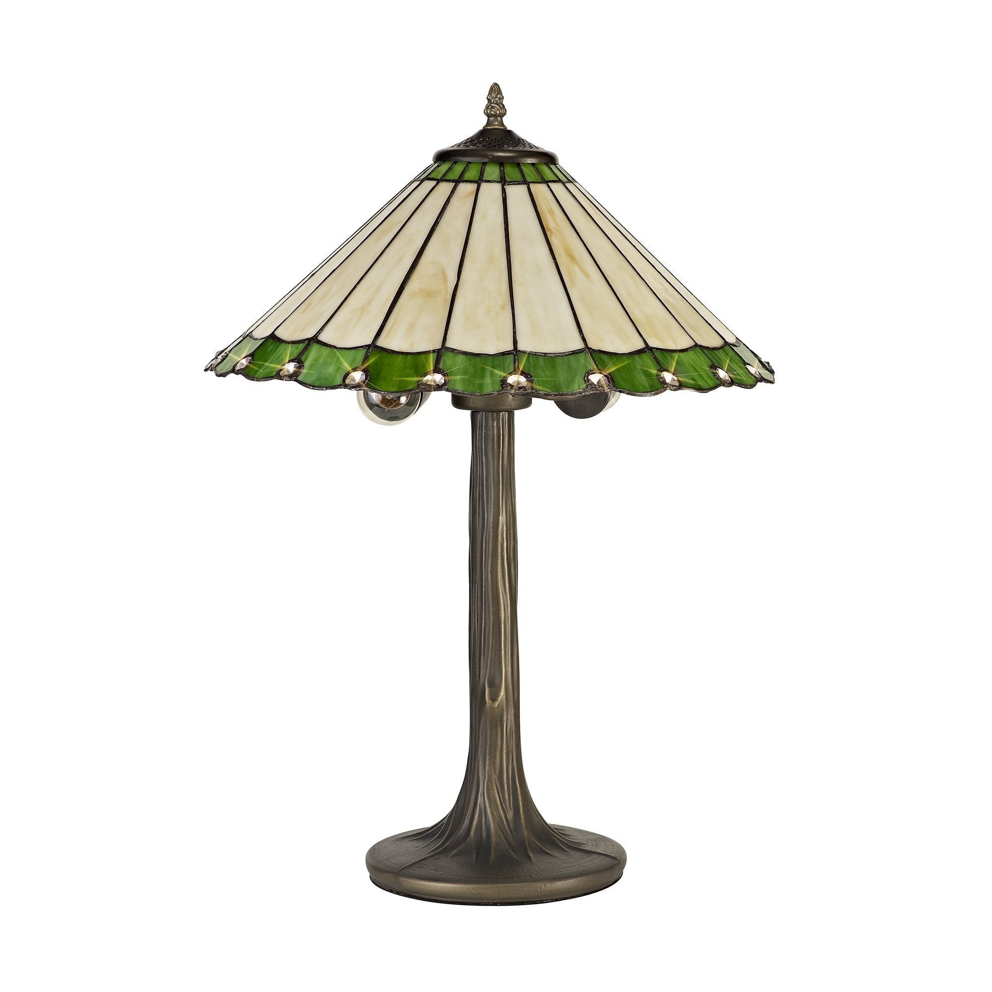 2 Light Tree Like Table Lamp E27 With 40cm Tiffany Shade, Green/Cream/Crystal/Aged Antique Brass