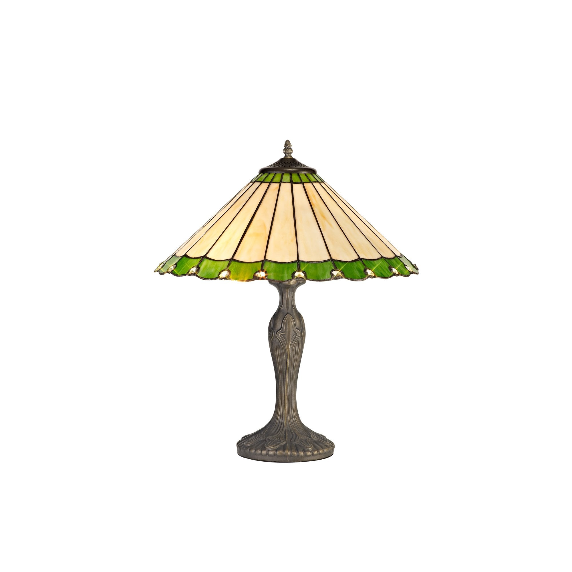 2 Light Curved Table Lamp E27 With 40cm Tiffany Shade, Green/Cream/Crystal/Aged Antique Brass