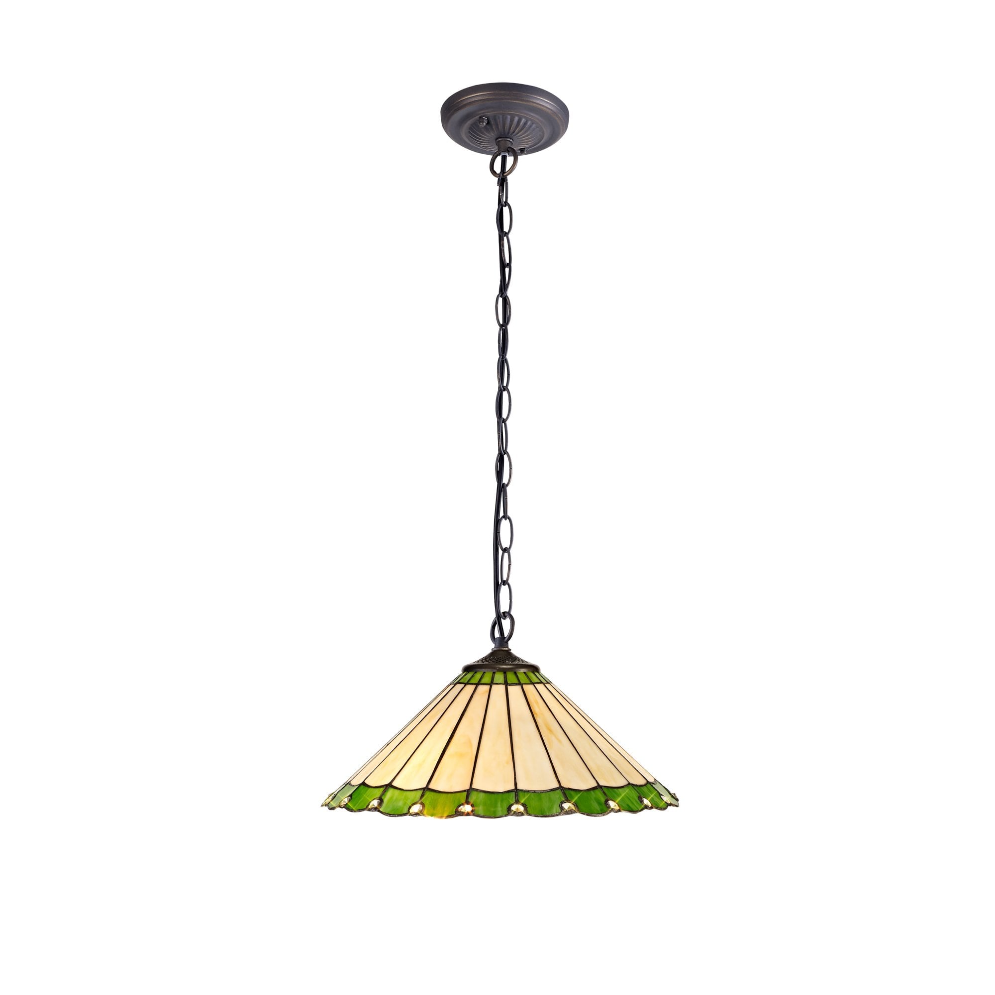 1 Light Downlighter Pendant E27 With 40cm Tiffany Shade, Green/Cream/Crystal/Aged Antique Brass