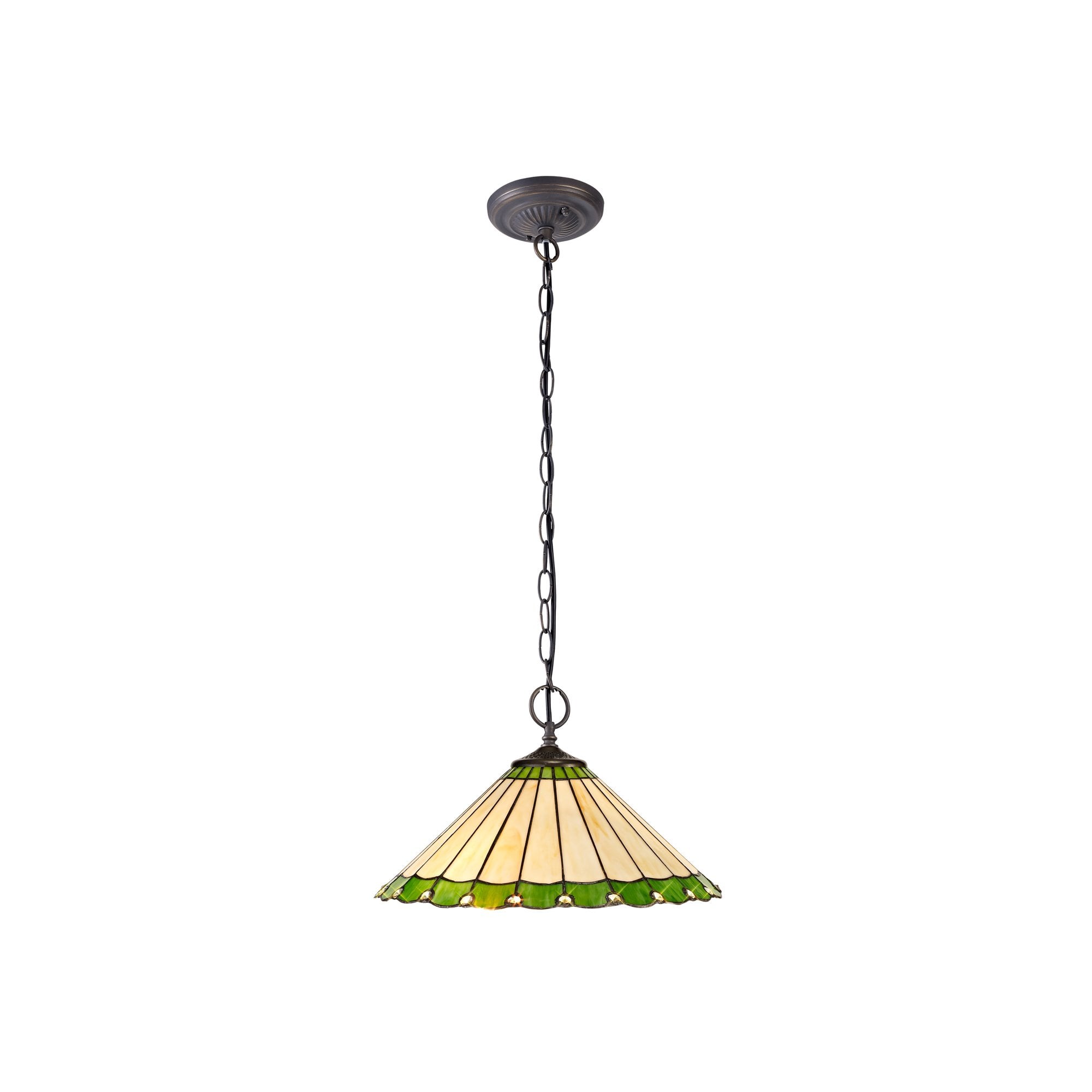 2 Light Downlighter Pendant E27 With 40cm Tiffany Shade, Green/Cream/Crystal/Aged Antique Brass