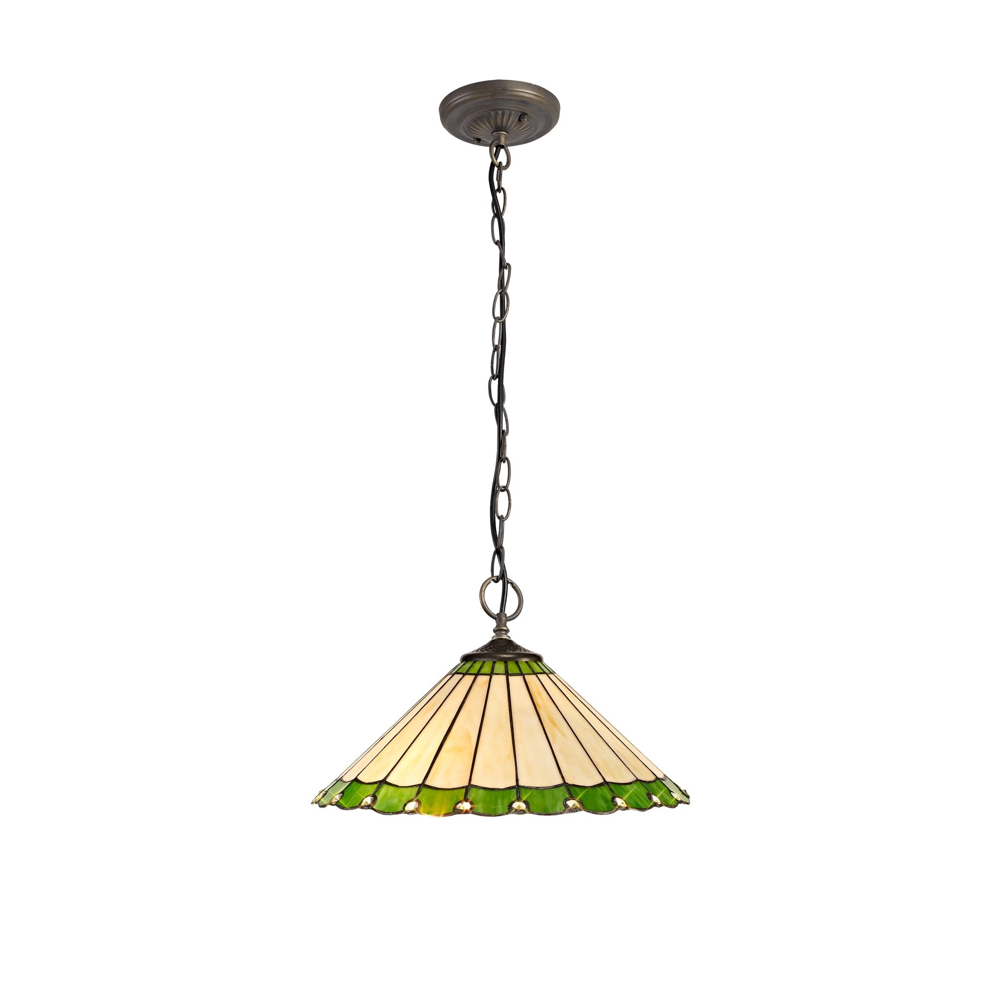 3 Light Downlighter Pendant E27 With 40cm Tiffany Shade, Green/Cream/Crystal/Aged Antique Brass