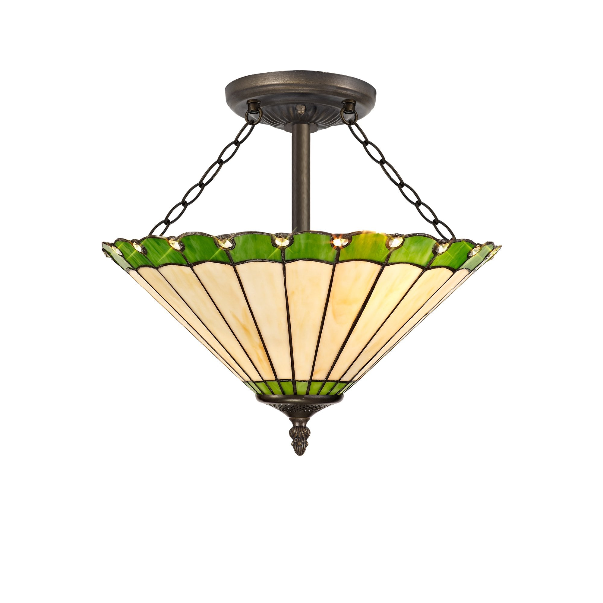 3 Light Semi Ceiling E27 With 40cm Tiffany Shade, Green/Cream/Crystal/Aged Antique Brass