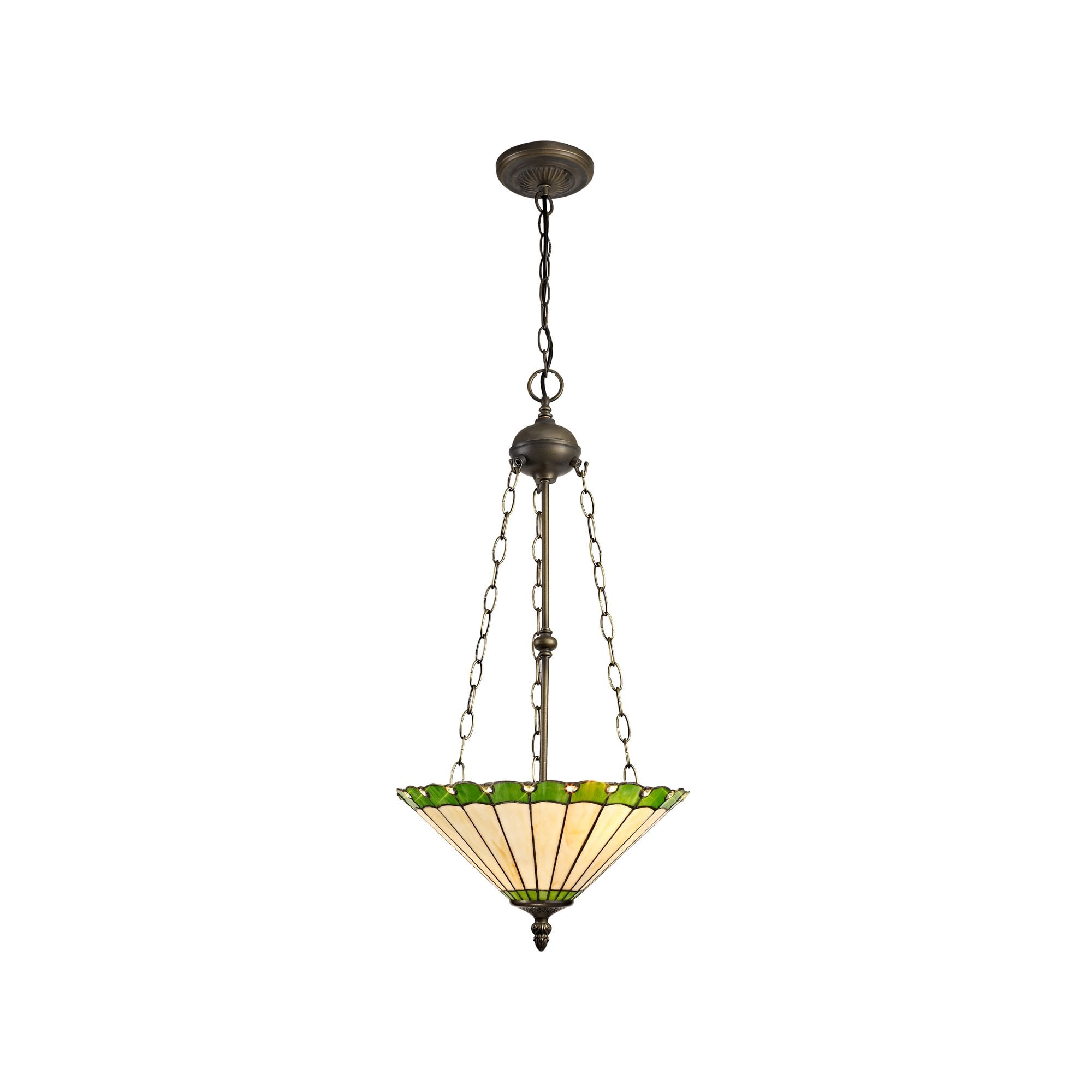 3 Light Uplighter Pendant E27 With 40cm Tiffany Shade, Green/Cream/Crystal/Aged Antique Brass