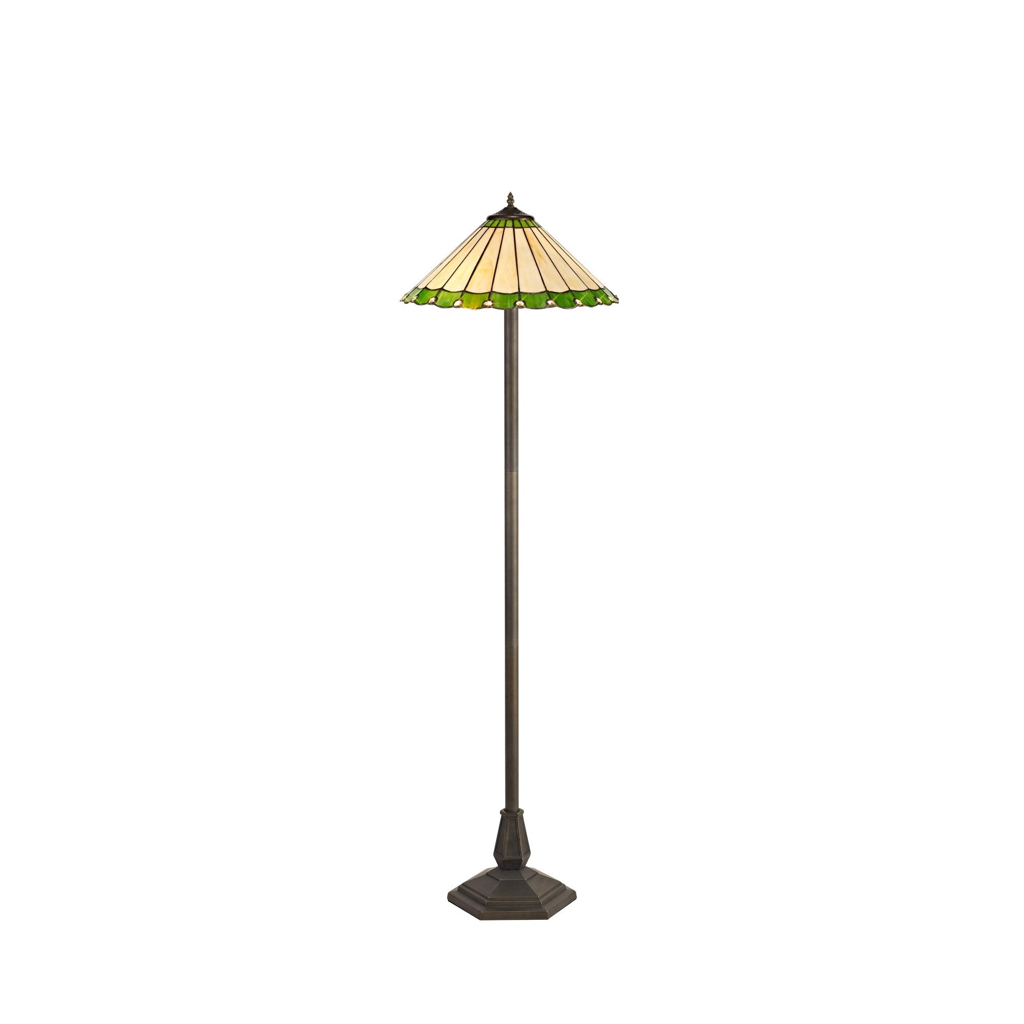 2 Light Octagonal Floor Lamp E27 With 40cm Tiffany Shade, Green/Cream/Crystal/Aged Antique Brass