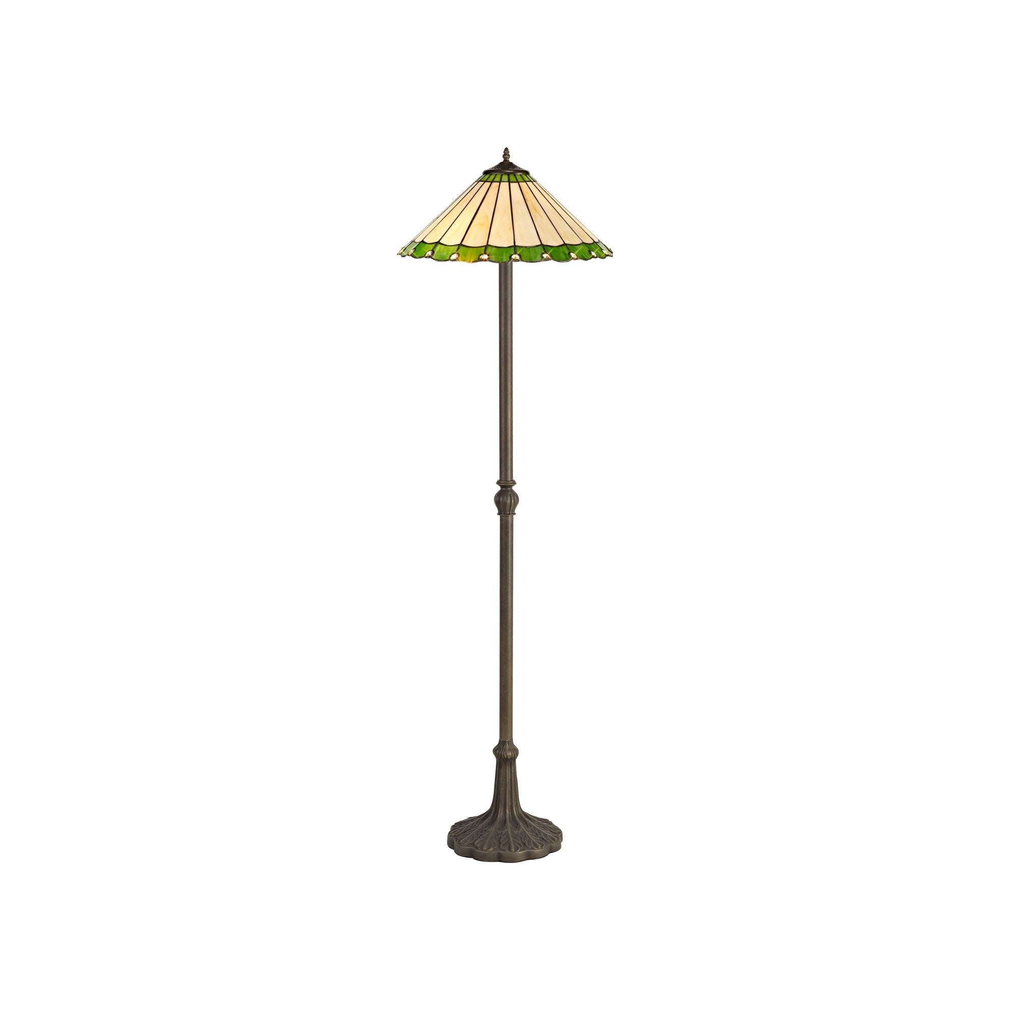 2 Light Leaf Design Floor Lamp E27 With 40cm Tiffany Shade, Green/Cream/Crystal/Aged Antique Brass