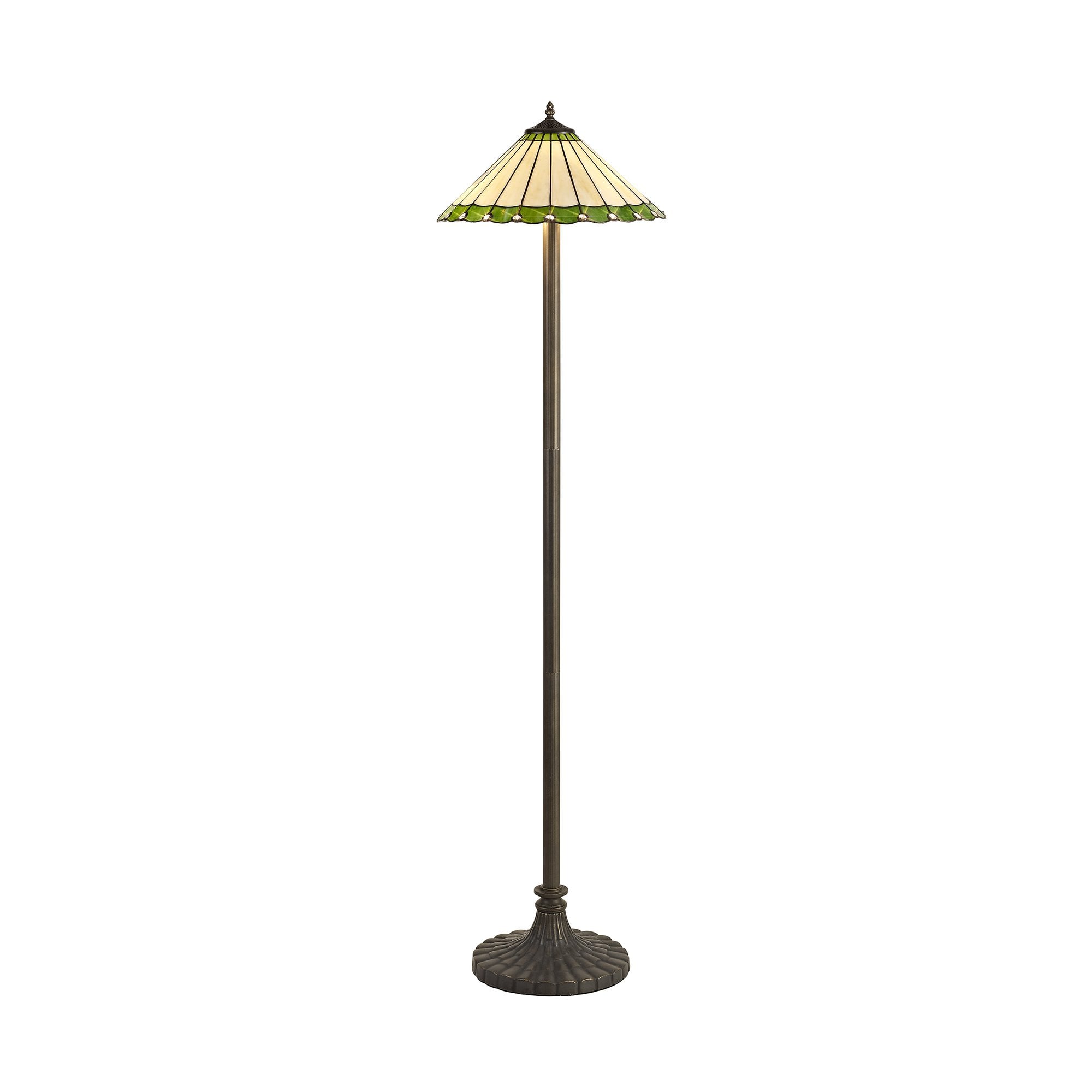 2 Light Stepped Design Floor Lamp E27 With 40cm Tiffany Shade, Green/Cream/Crystal/Aged Antique Brass