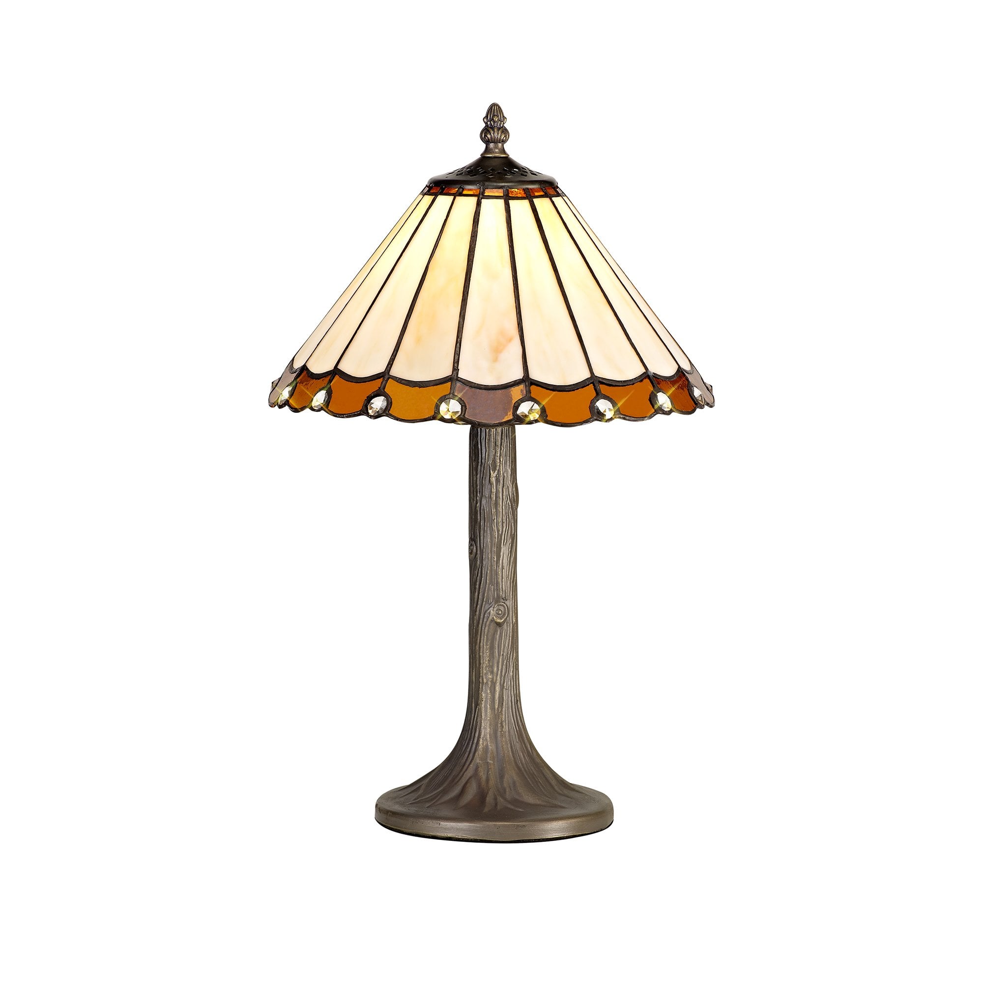 1 Light Tree Like Table Lamp E27 With 30cm Tiffany Shade, Amber/Cream/Crystal/Aged Antique Brass