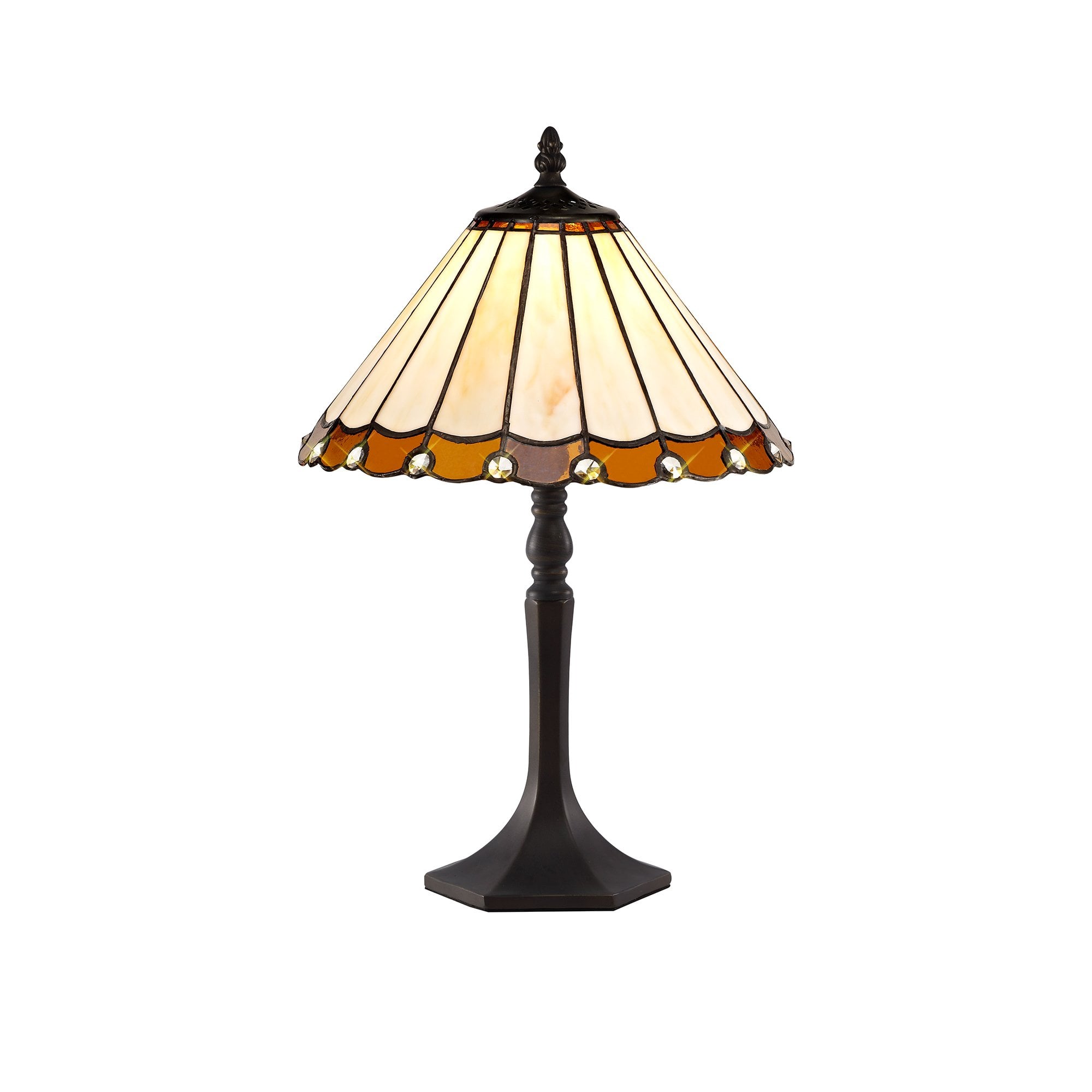 1 Light Octagonal Table Lamp E27 With 30cm Tiffany Shade, Amber/Cream/Crystal/Aged Antique Brass