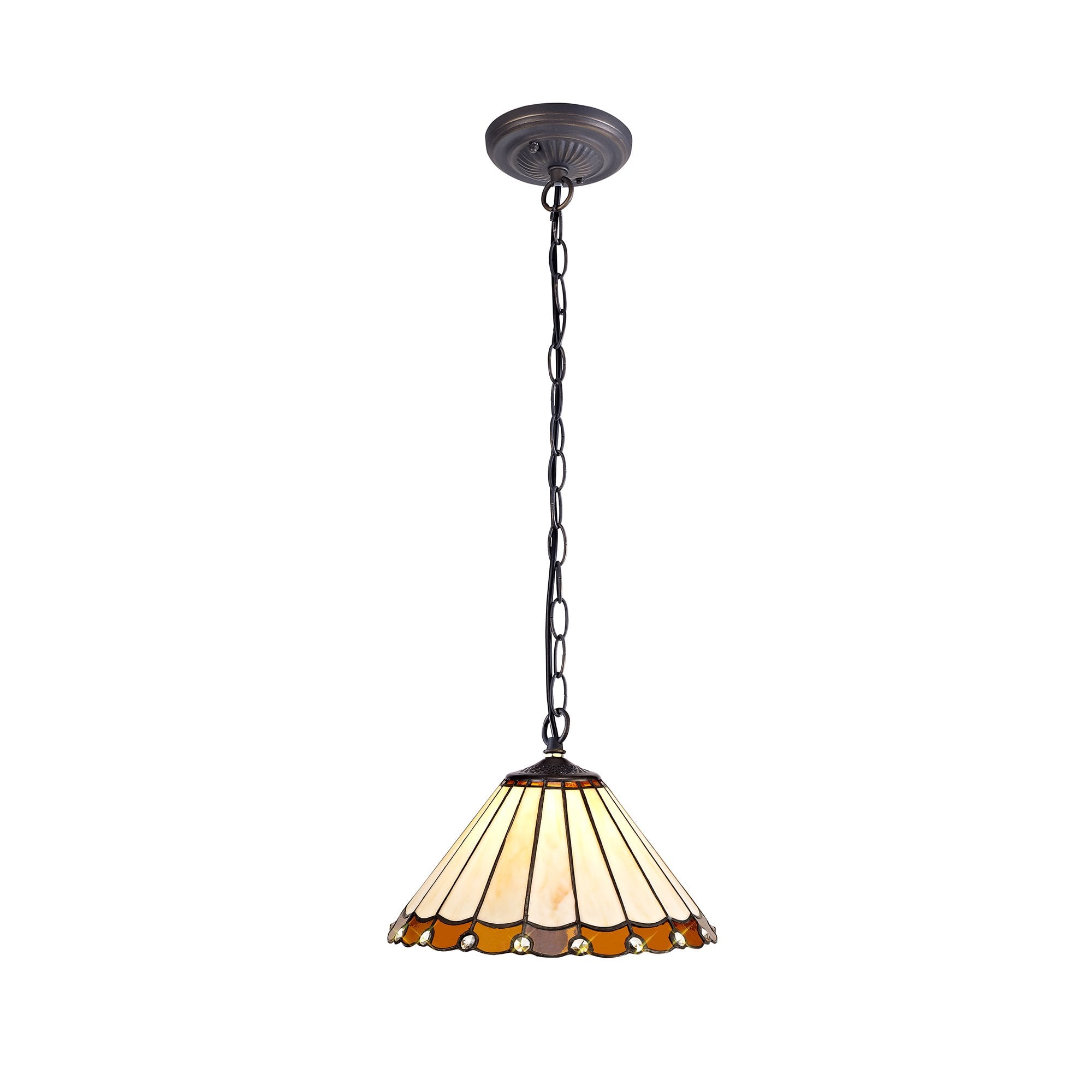 1 Light Downlighter Pendant E27 With 30cm Tiffany Shade, Amber/Cream/Crystal/Aged Antique Brass