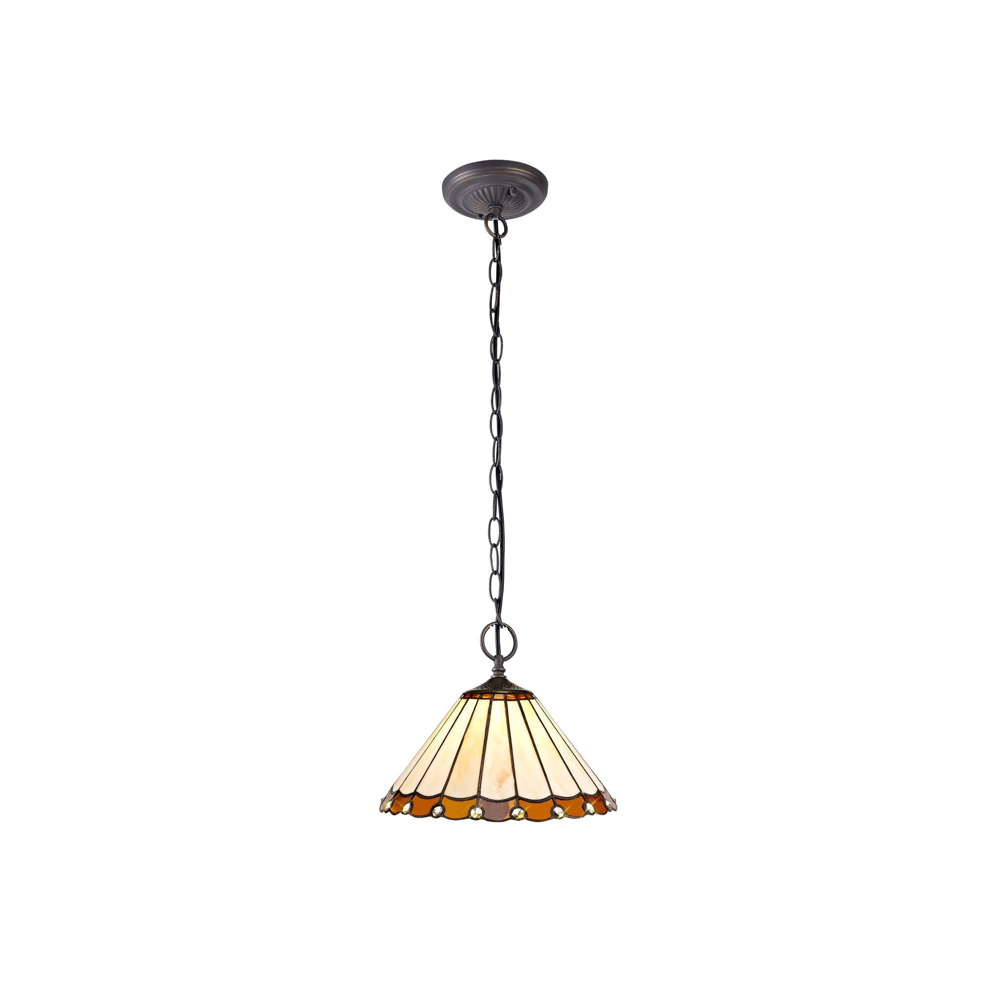 2 Light Downlighter Pendant E27 With 30cm Tiffany Shade, Amber/Cream/Crystal/Aged Antique Brass