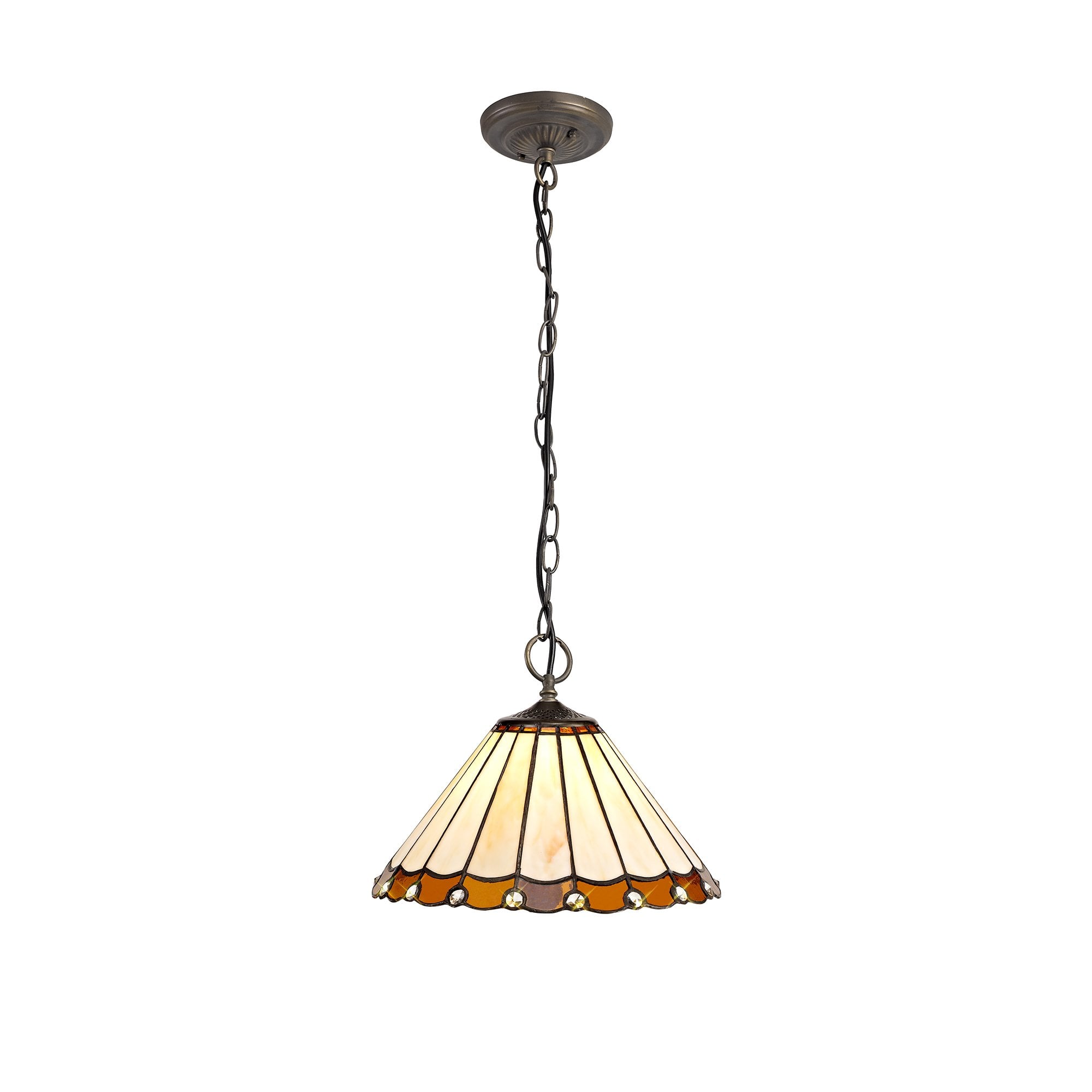 3 Light Downlighter Pendant E27 With 30cm Tiffany Shade, Amber/Cream/Crystal/Aged Antique Brass