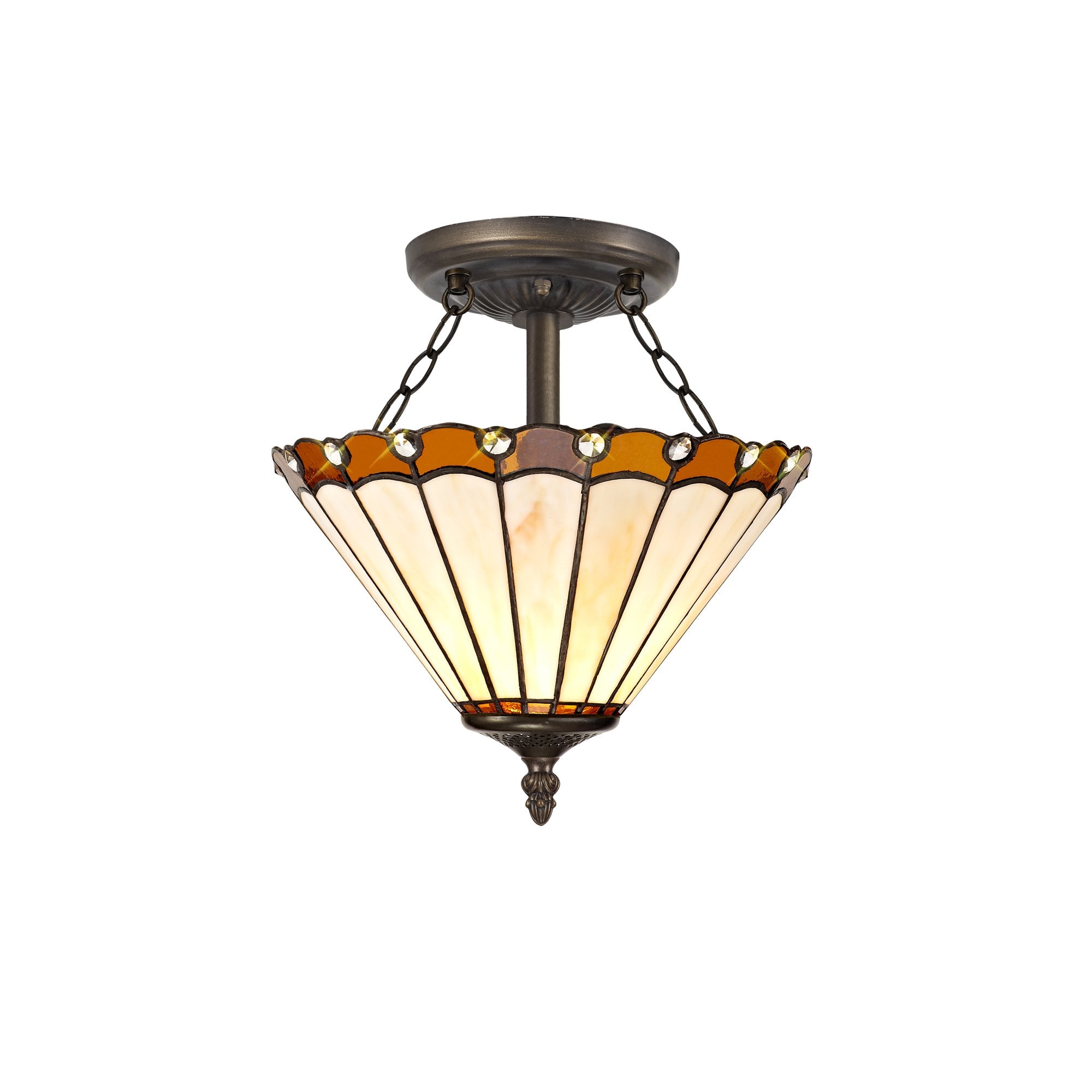 2 Light Semi Ceiling E27 With 30cm Tiffany Shade, Amber/Cream/Crystal/Aged Antique Brass