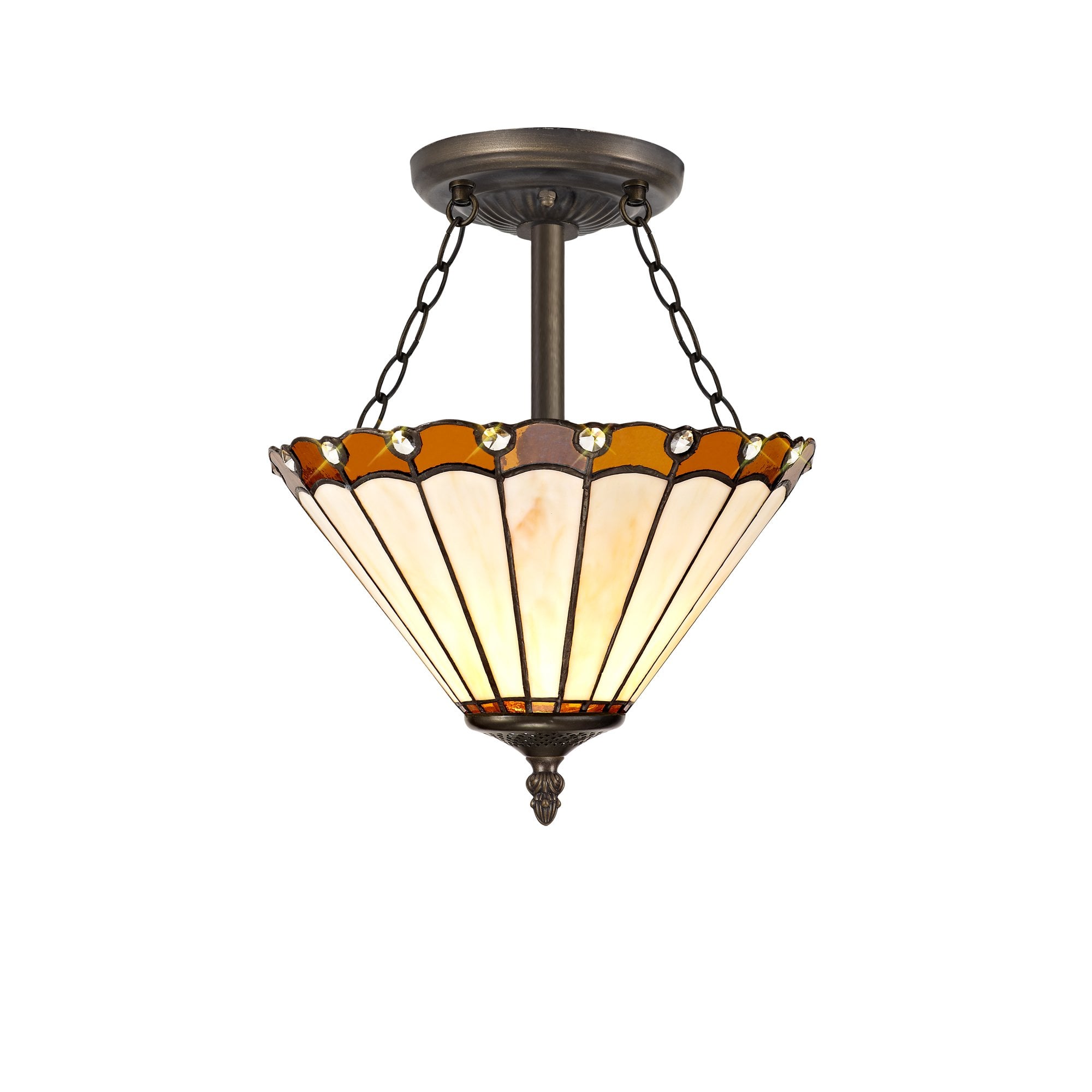 3 Light Semi Ceiling E27 With 30cm Tiffany Shade, Amber/Cream/Crystal/Aged Antique Brass