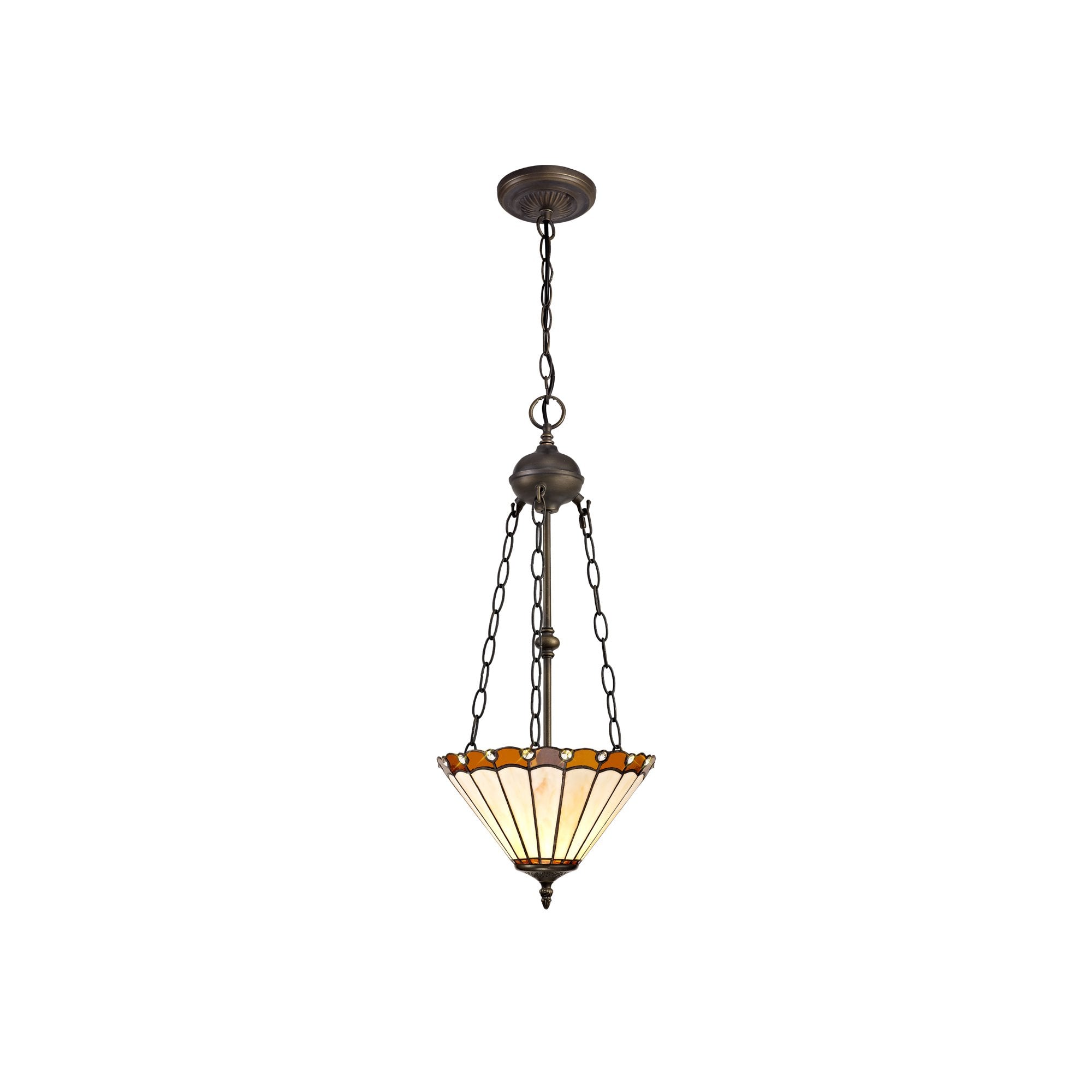 2 Light Uplighter Pendant E27 With 30cm Tiffany Shade, Amber/Cream/Crystal/Aged Antique Brass