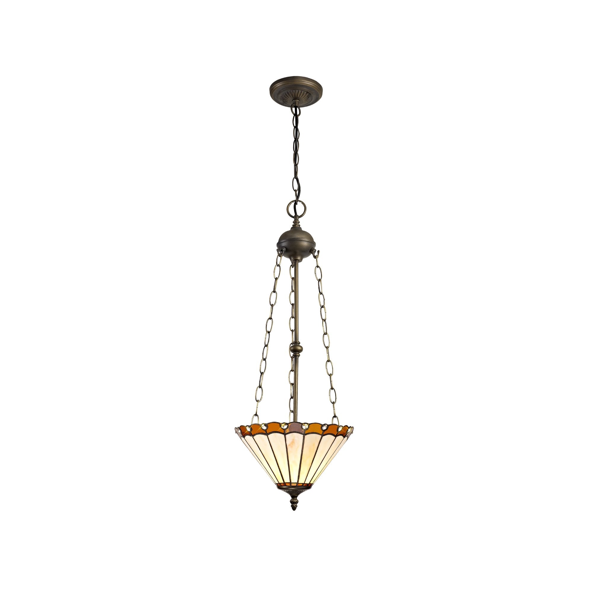 3 Light Uplighter Pendant E27 With 30cm Tiffany Shade, Amber/Cream/Crystal/Aged Antique Brass