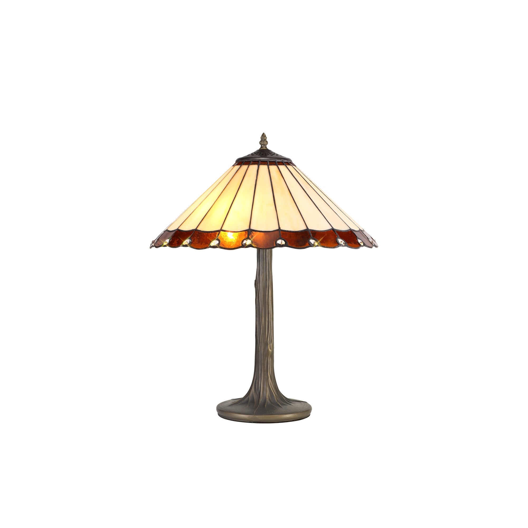 2 Light Tree Like Table Lamp E27 With 40cm Tiffany Shade, Amber/Cream/Crystal/Aged Antique Brass