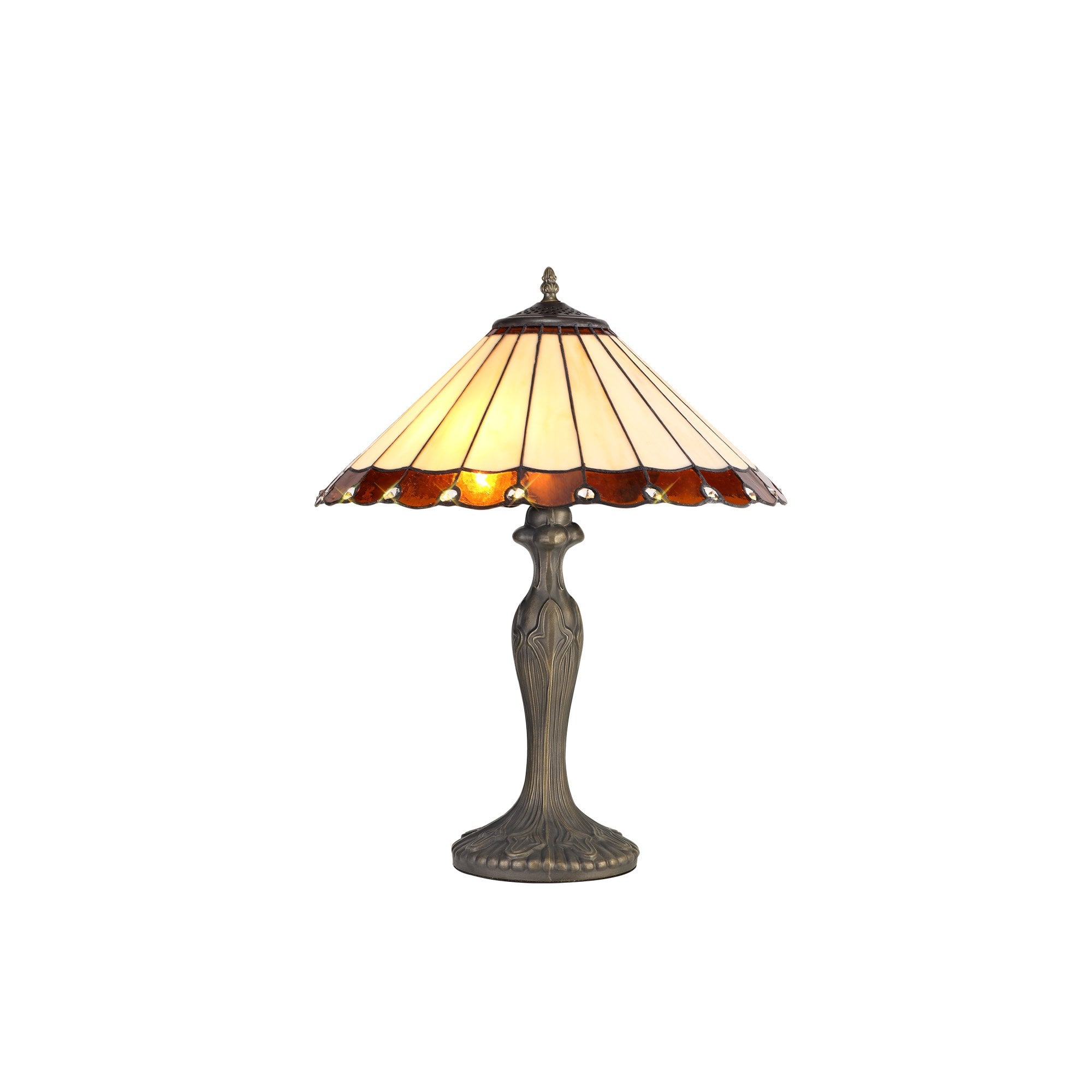 2 Light Curved Table Lamp E27 With 40cm Tiffany Shade, Amber/Cream/Crystal/Aged Antique Brass