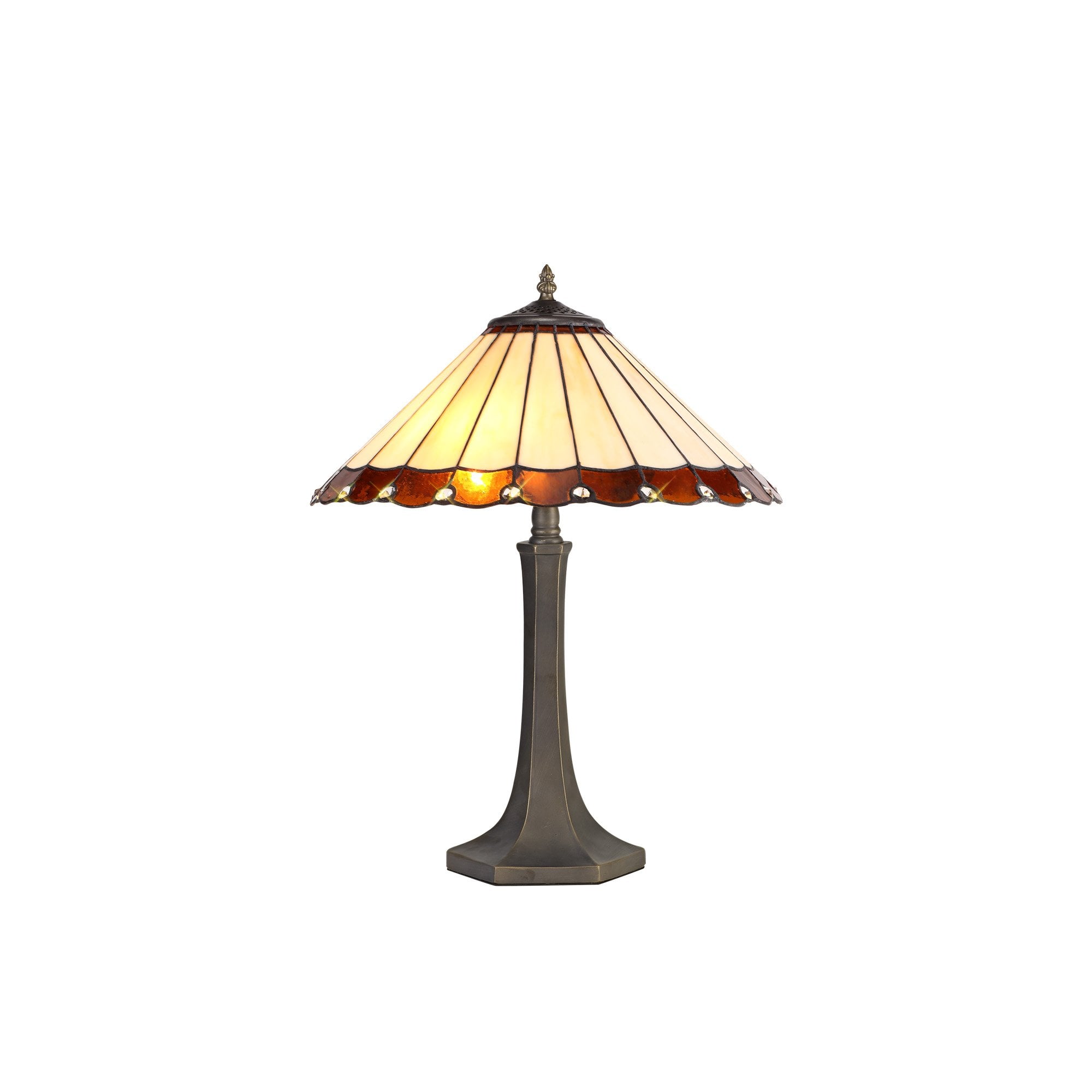 2 Light Octagonal Table Lamp E27 With 40cm Tiffany Shade, Amber/Cream/Crystal/Aged Antique Brass