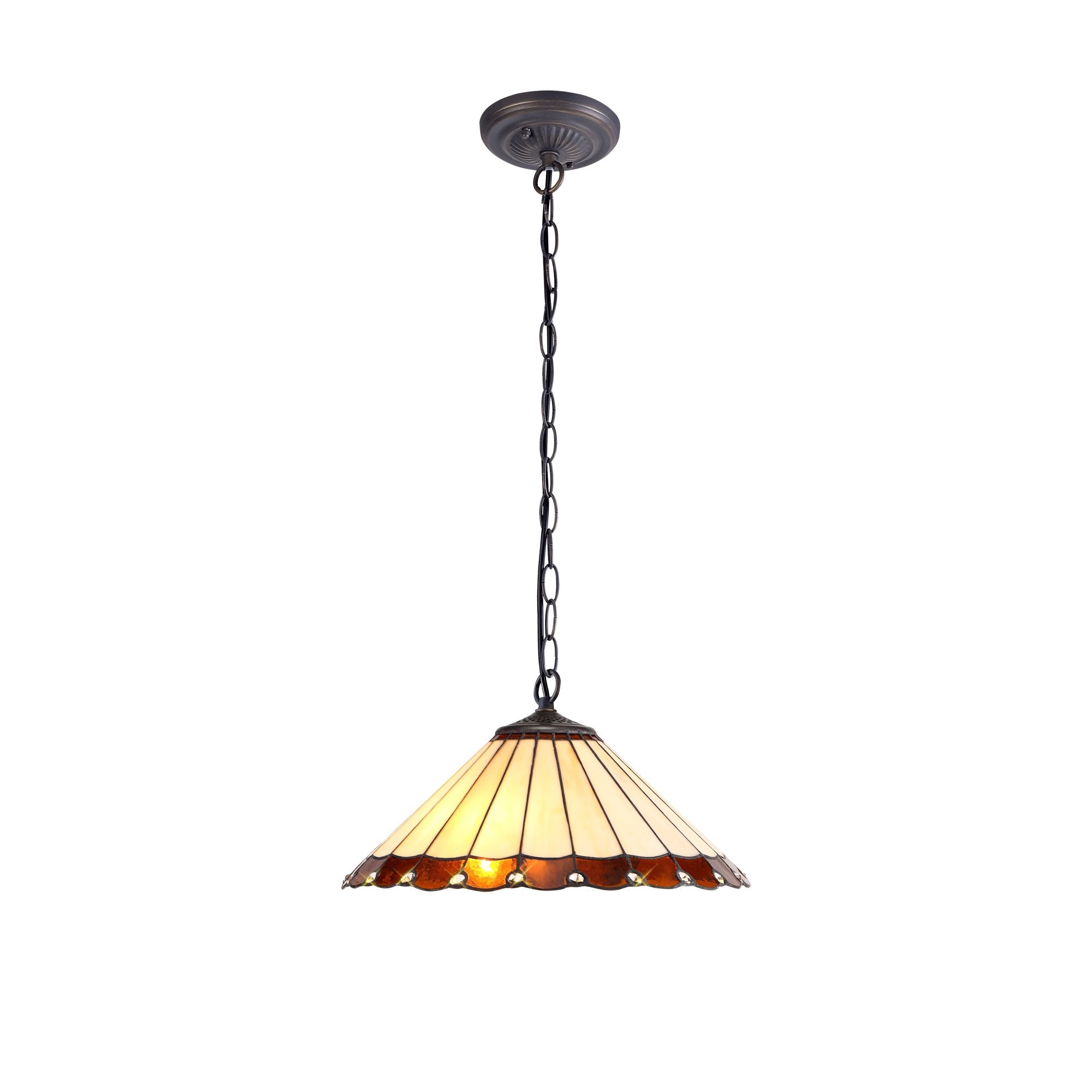 1 Light Downlighter Pendant E27 With 40cm Tiffany Shade, Amber/Cream/Crystal/Aged Antique Brass