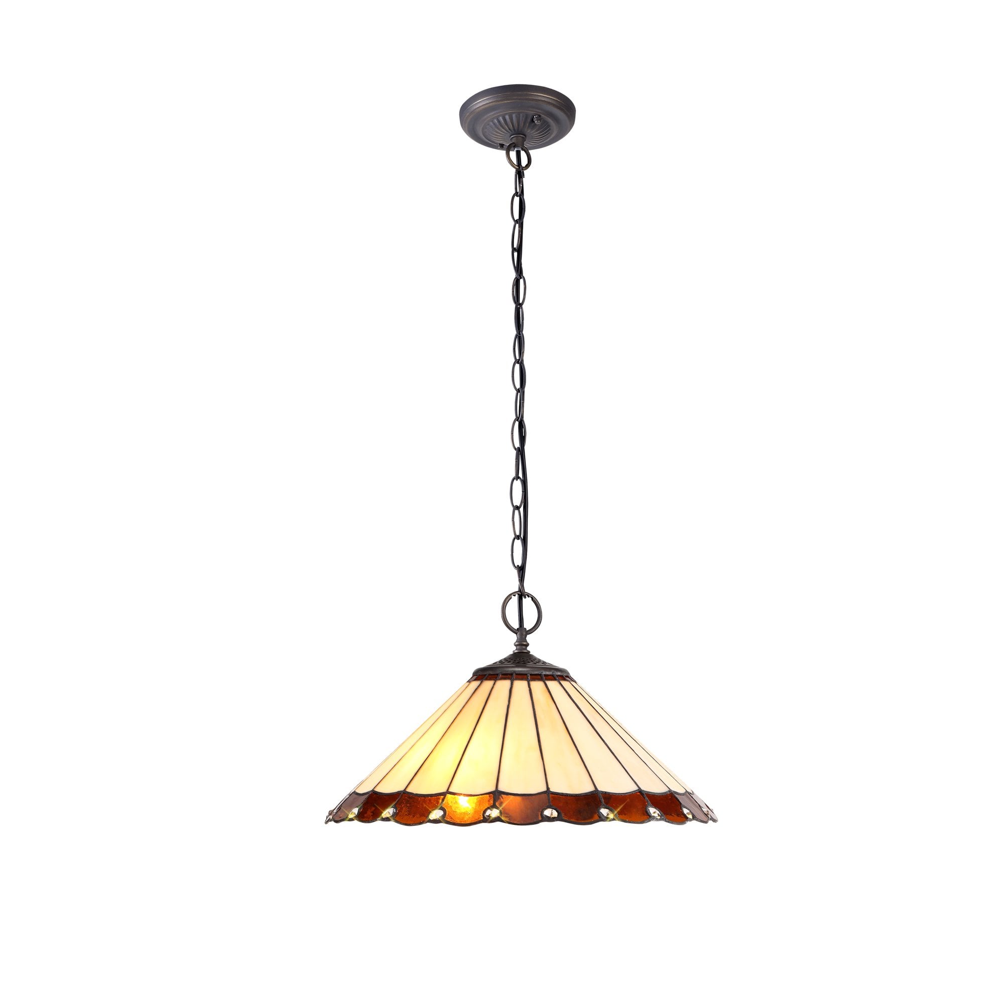 2 Light Downlighter Pendant E27 With 40cm Tiffany Shade, Amber/Cream/Crystal/Aged Antique Brass