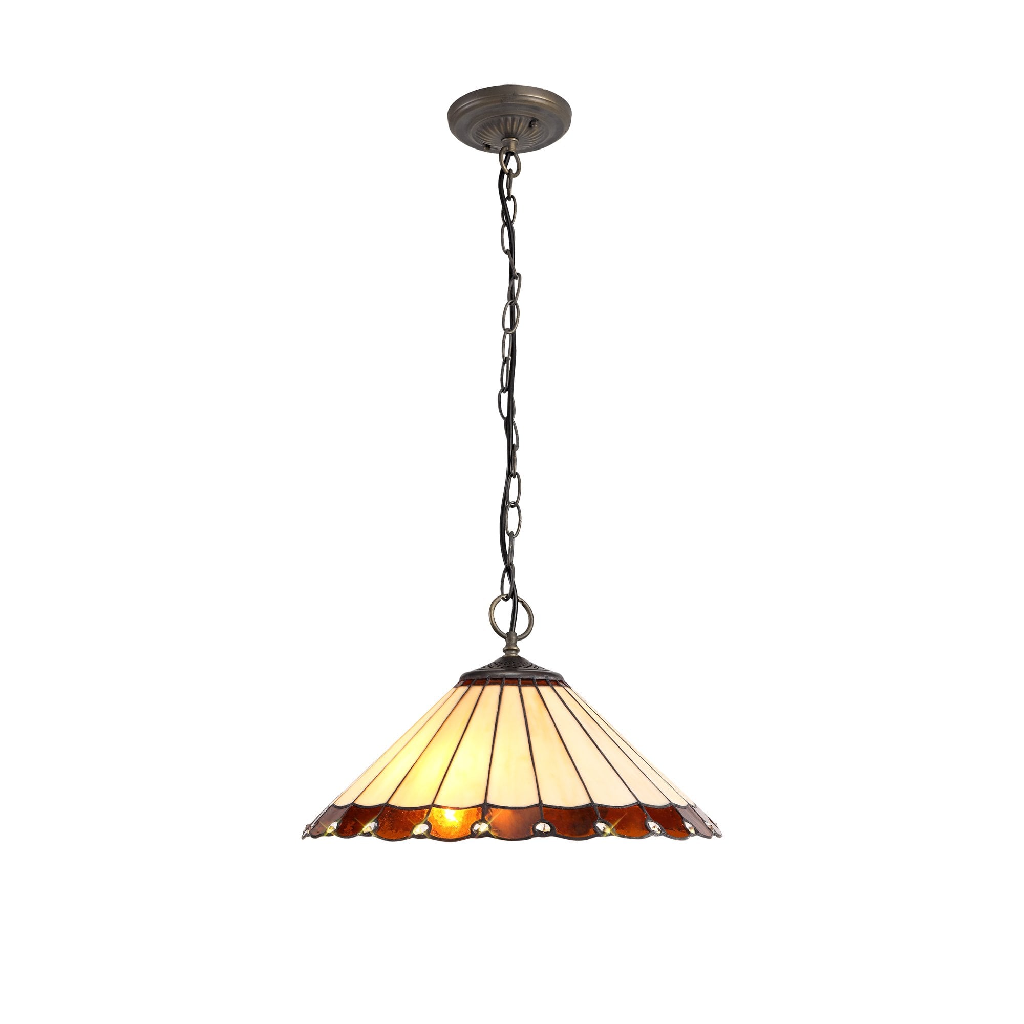 3 Light Downlighter Pendant E27 With 40cm Tiffany Shade, Amber/Cream/Crystal/Aged Antique Brass