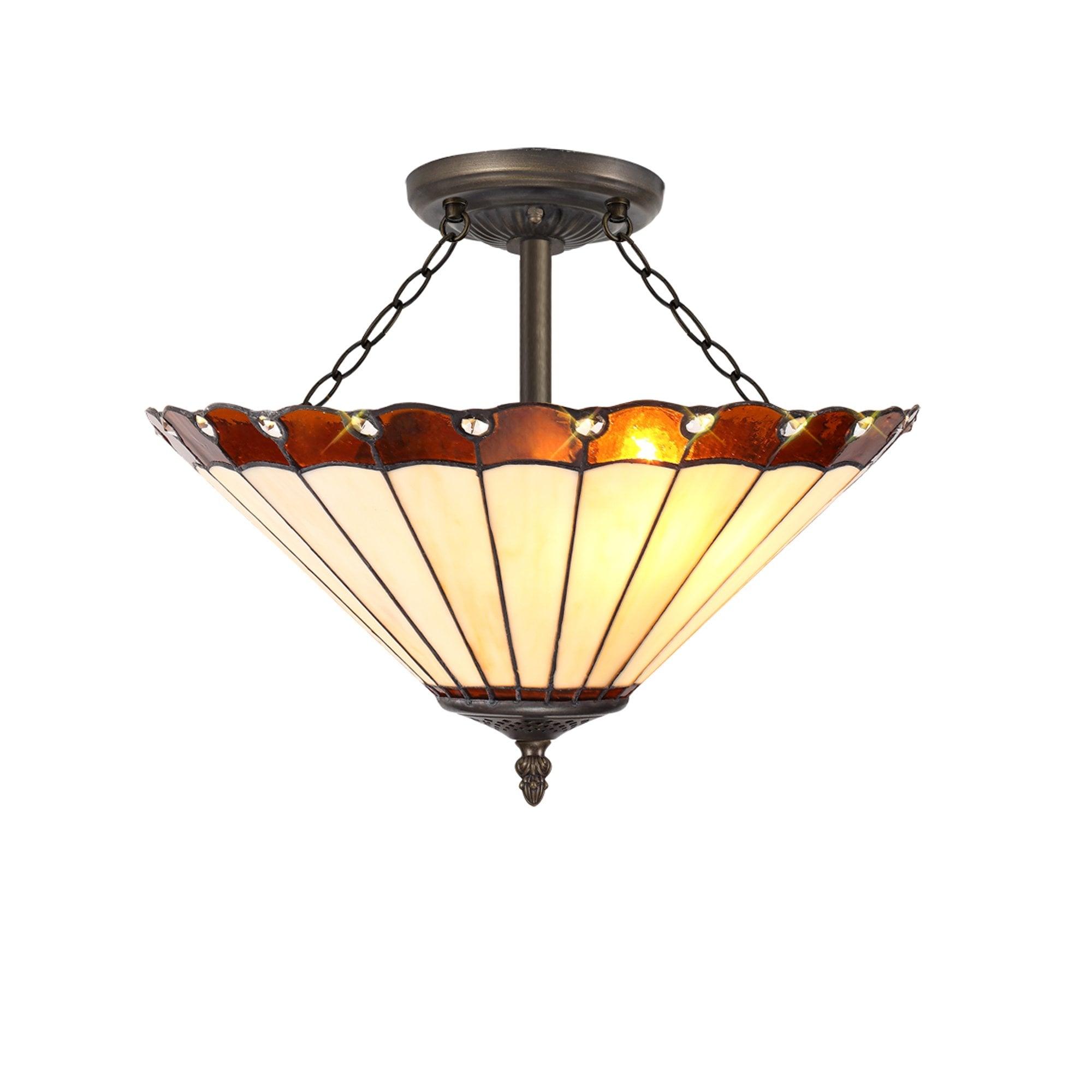 3 Light Semi Ceiling E27 With 40cm Tiffany Shade, Amber/Cream/Crystal/Aged Antique Brass